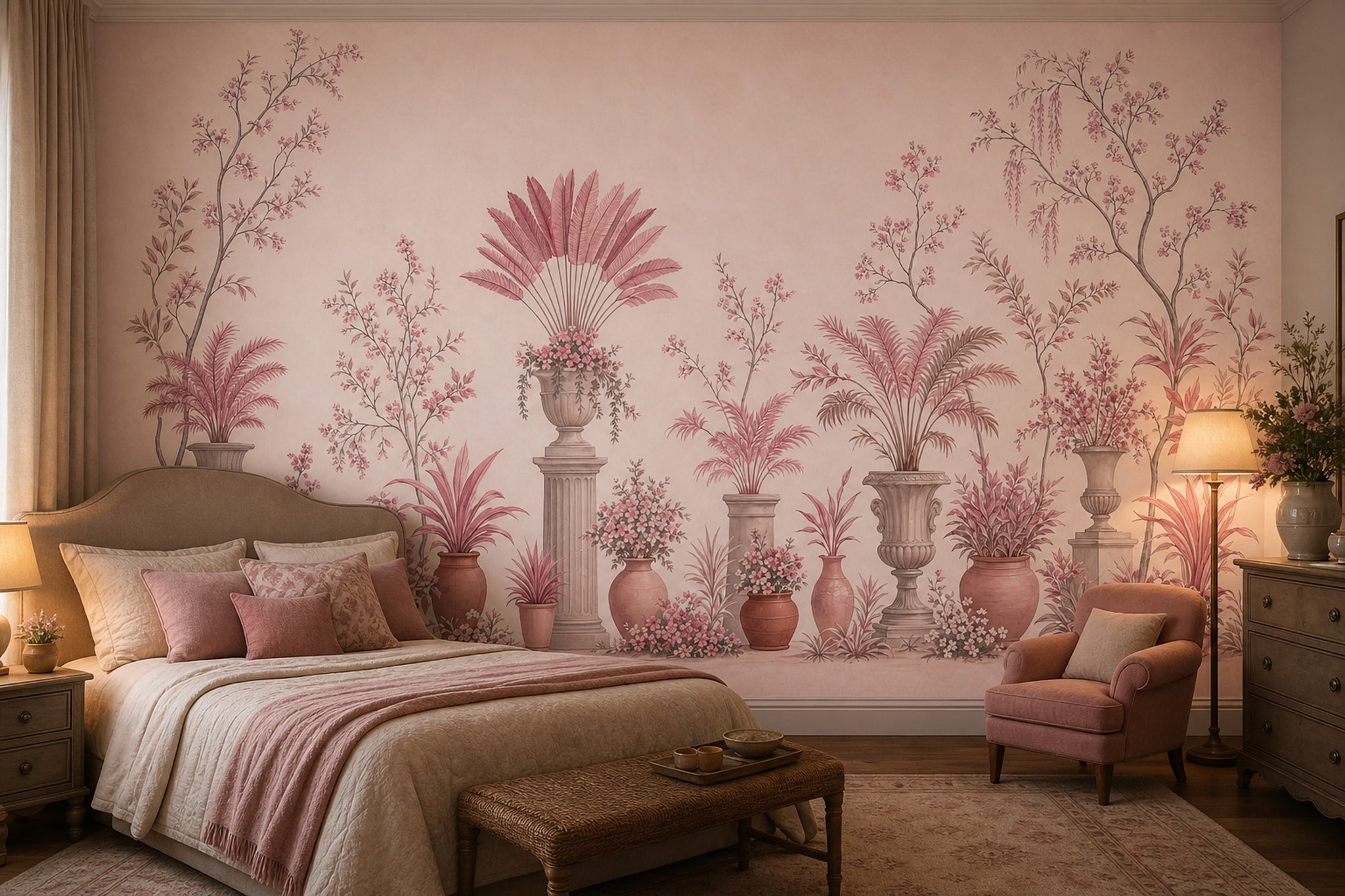 Pudra Pembe Saksılı Botanik Poster Duvar Kağıdı Salon