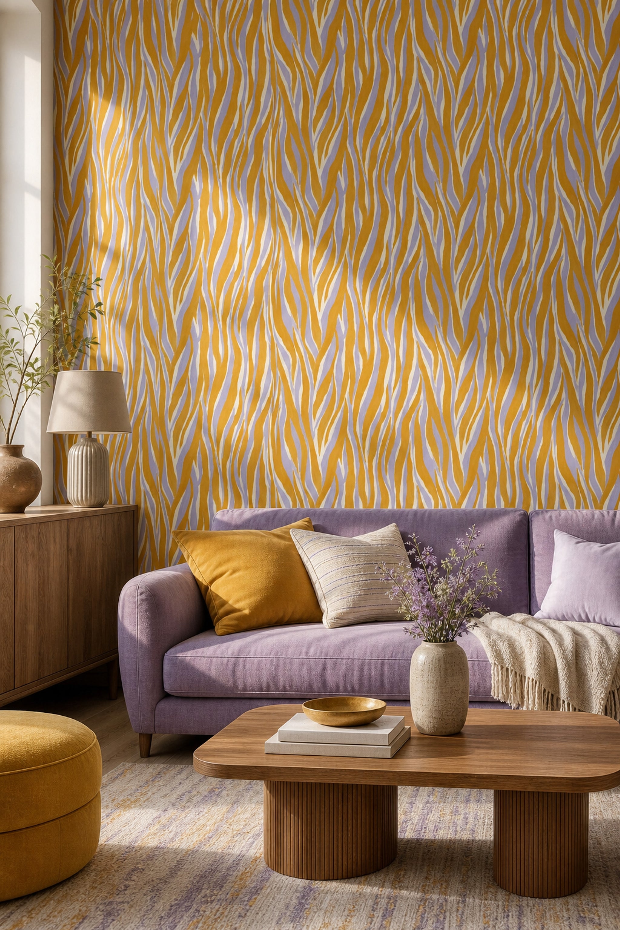 Zebra Desenli Duvar Kağıdı Hardal Sarı Modern Salon