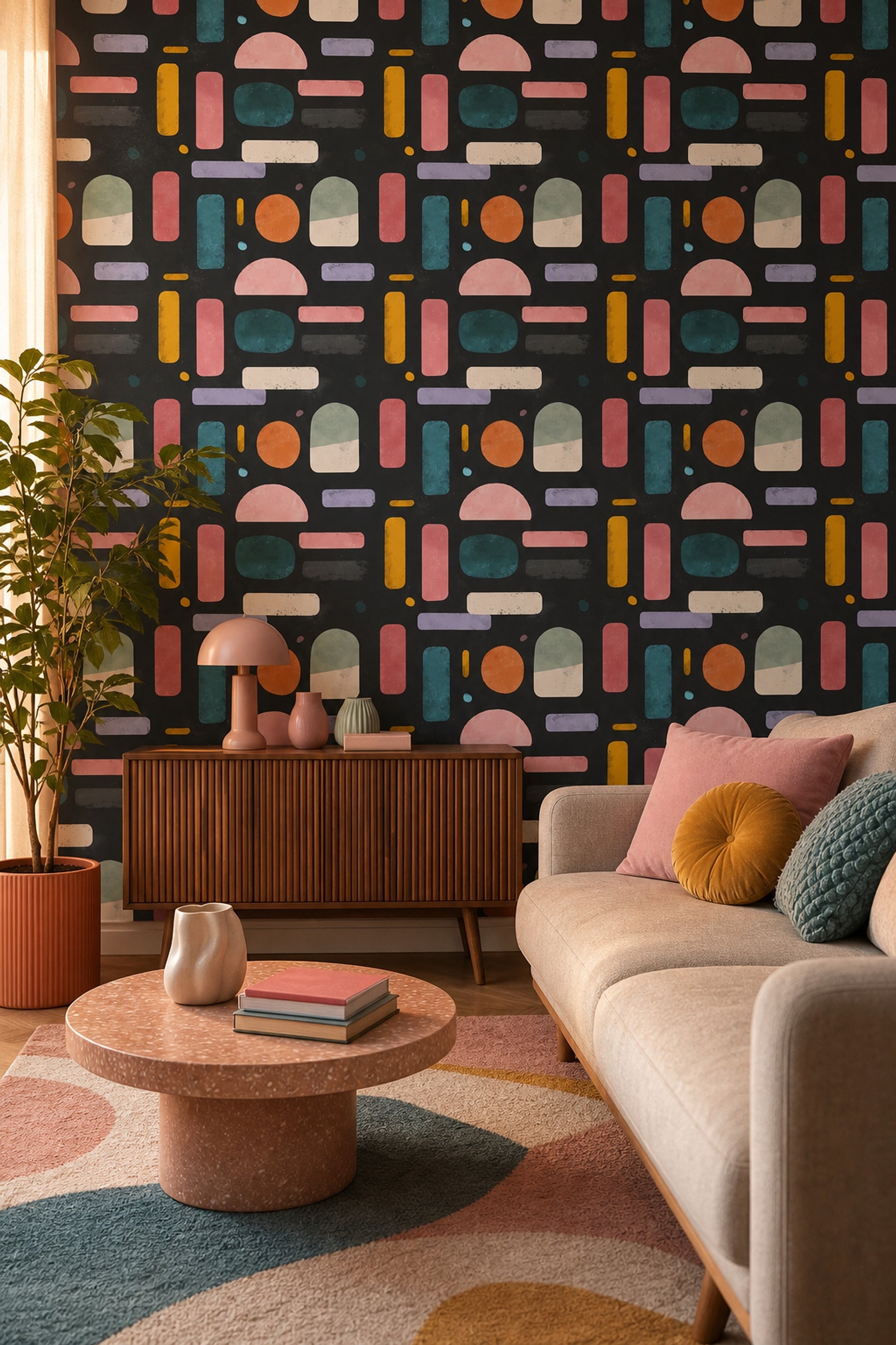 Renkli Geometrik Duvar Kağıdı Siyah Zemin Modern Salon