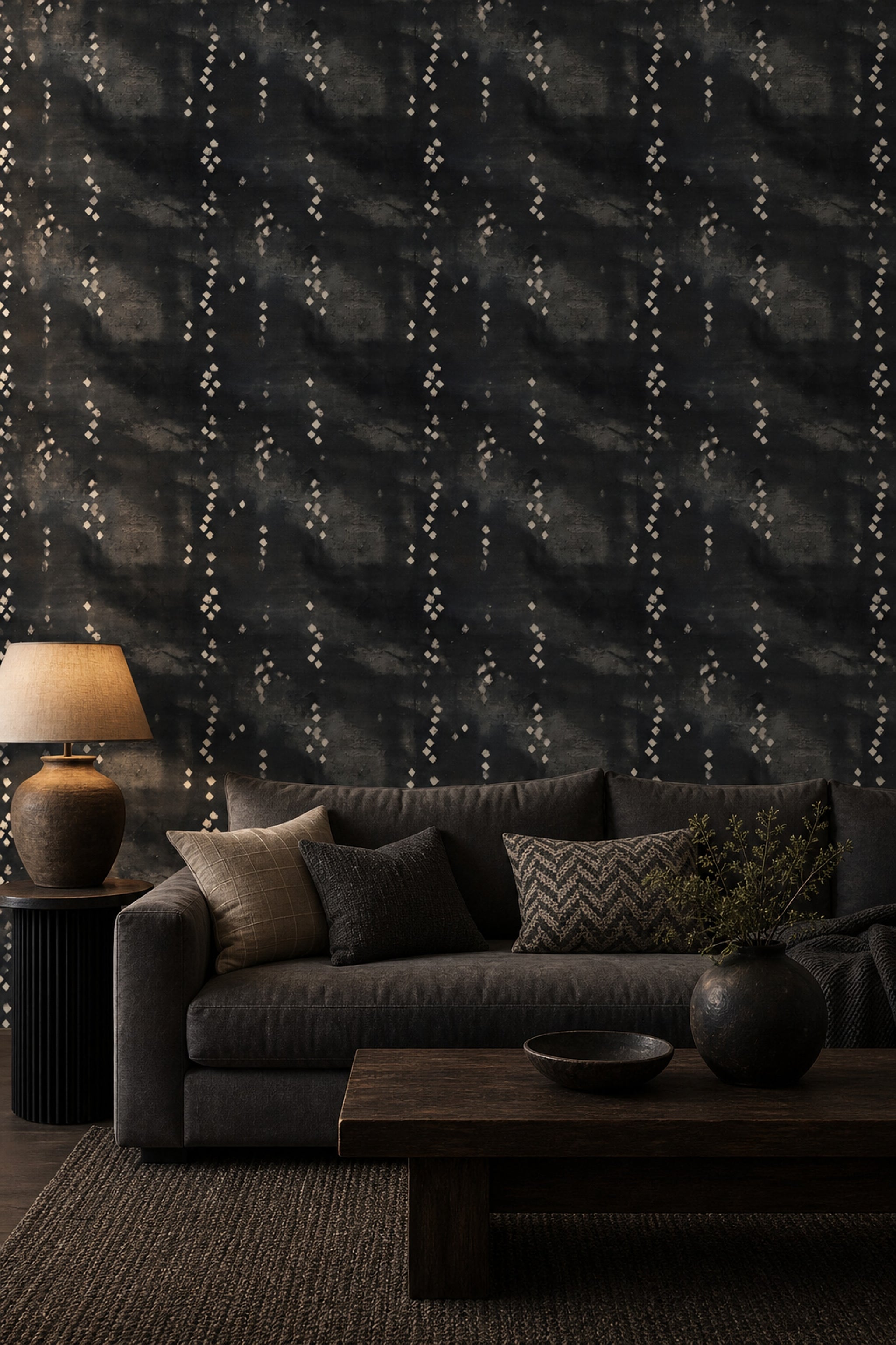 Soyut Noktalı Duvar Kağıdı Antrasit Gri Modern Salon
