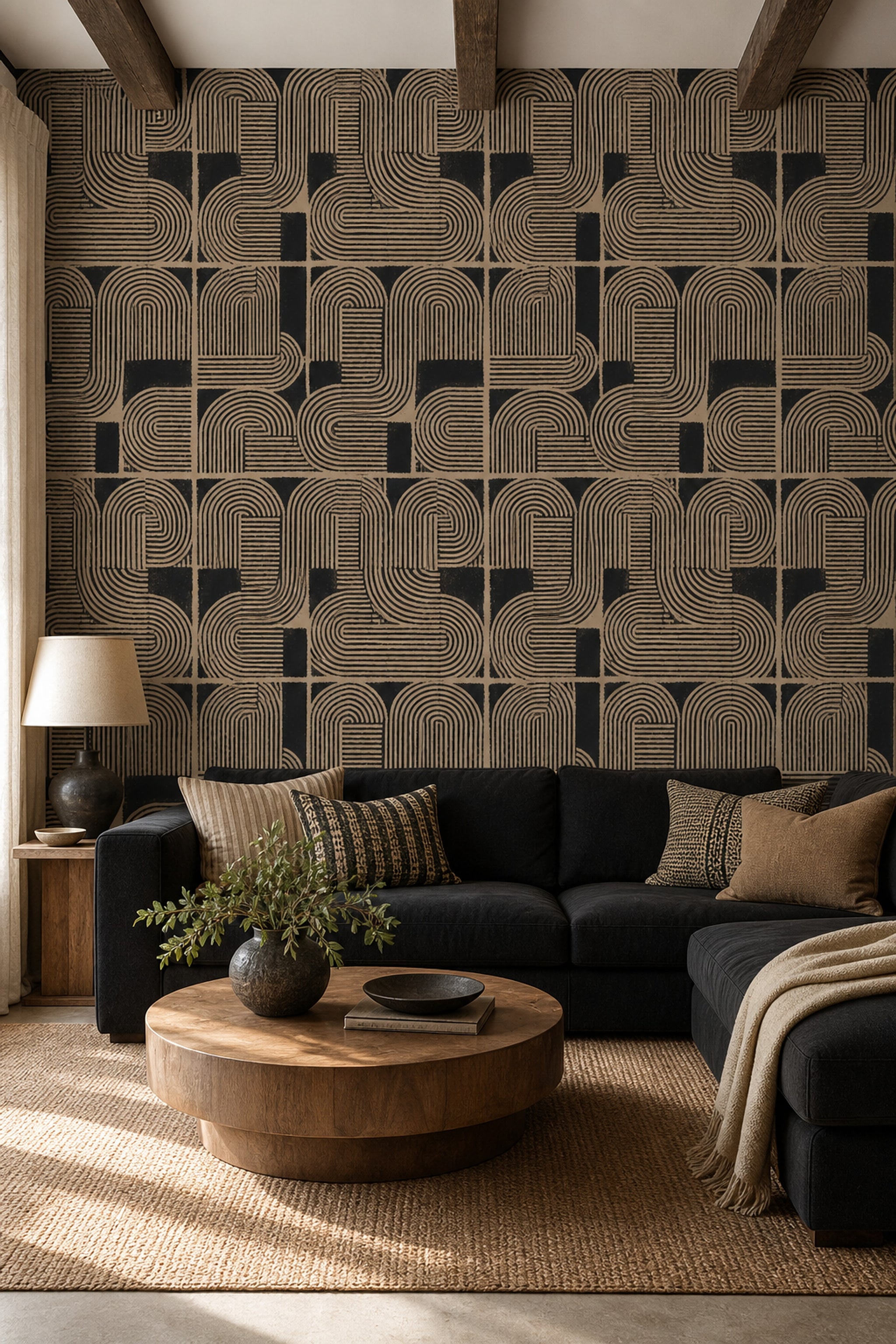 Geometrik Retro Desenli Duvar Kağıdı Siyah Bej Salon