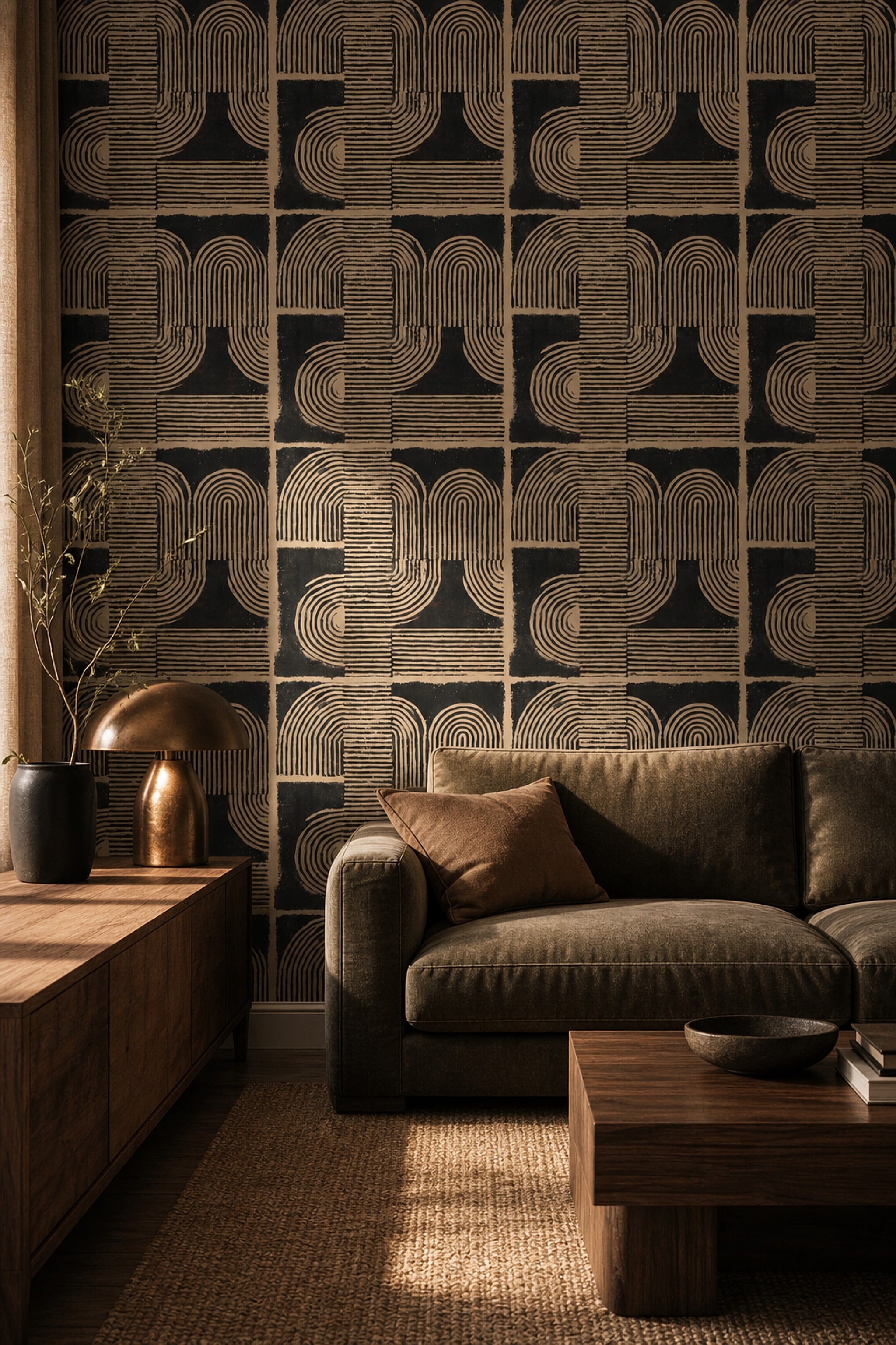 Geometrik Retro Desenli Duvar Kağıdı Siyah Bej Salon