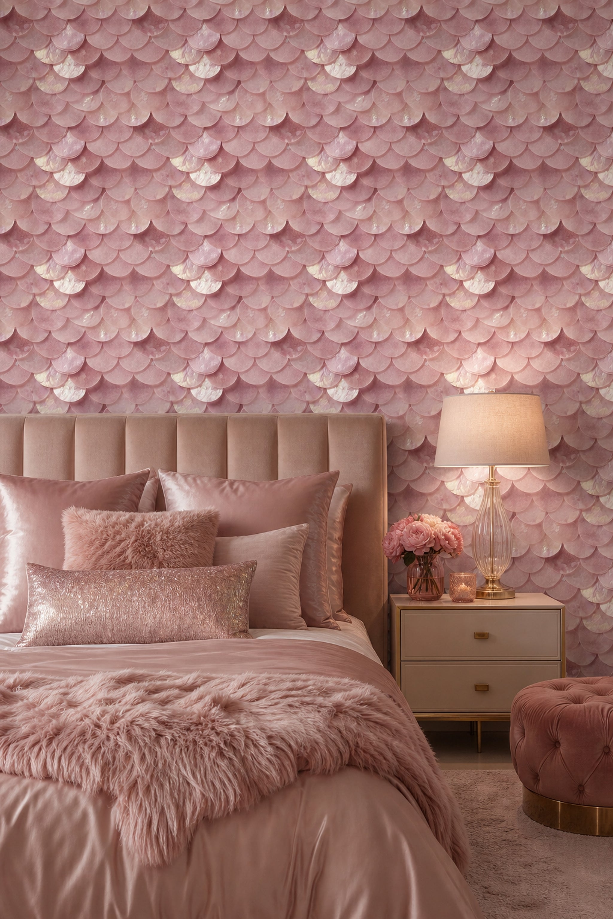 Pudra Pembe Balık Pulu Desenli Duvar Kağıdı Salon