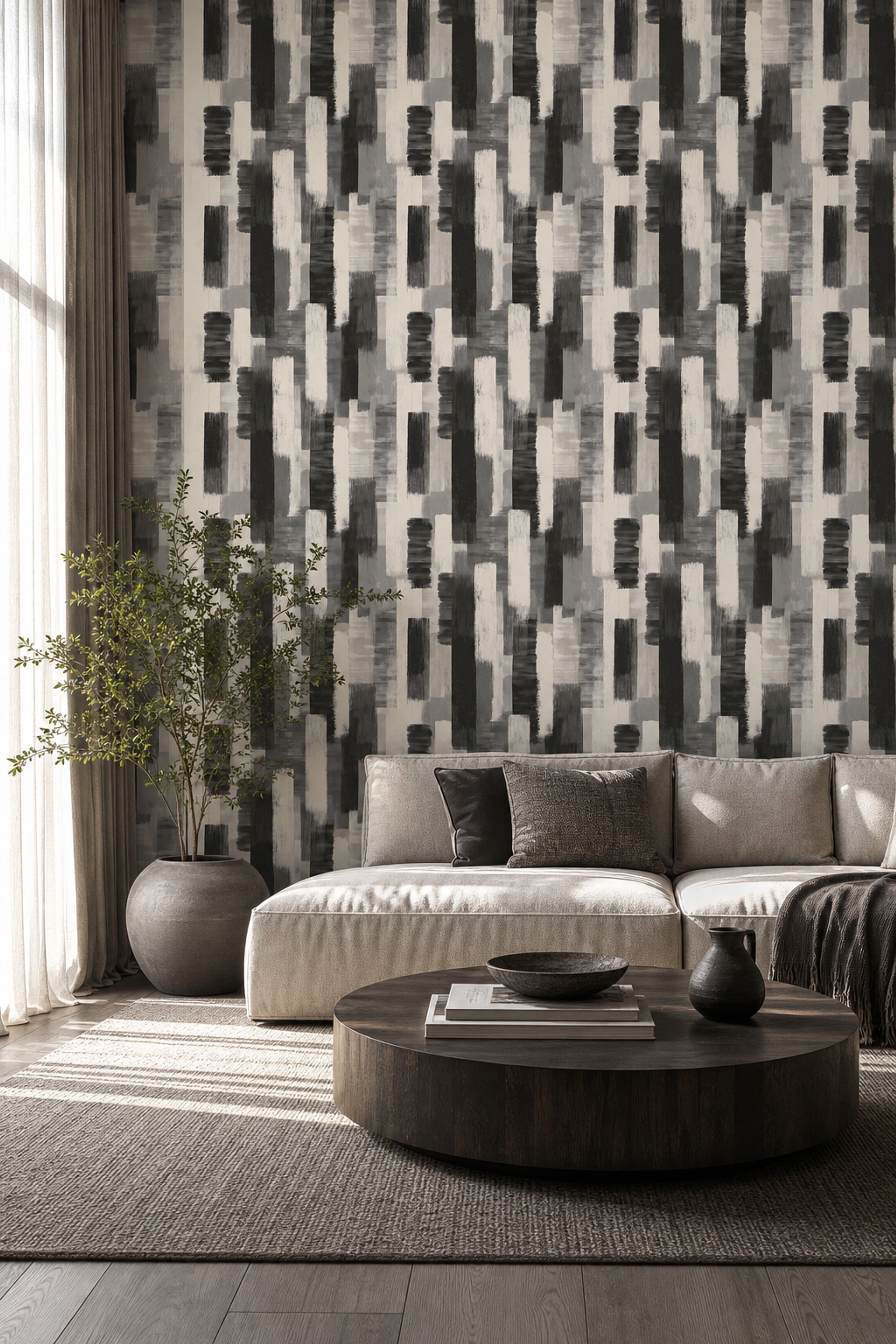Soyut Geometrik Duvar Kağıdı Gri Siyah Salon Deseni