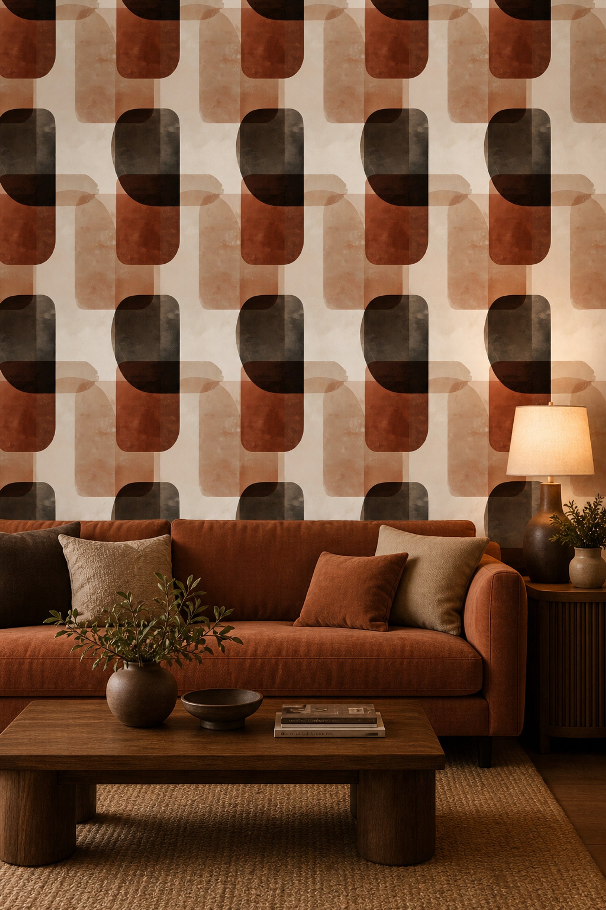 Geometrik Retro Duvar Kağıdı Kahverengi Bej Desenli Salon