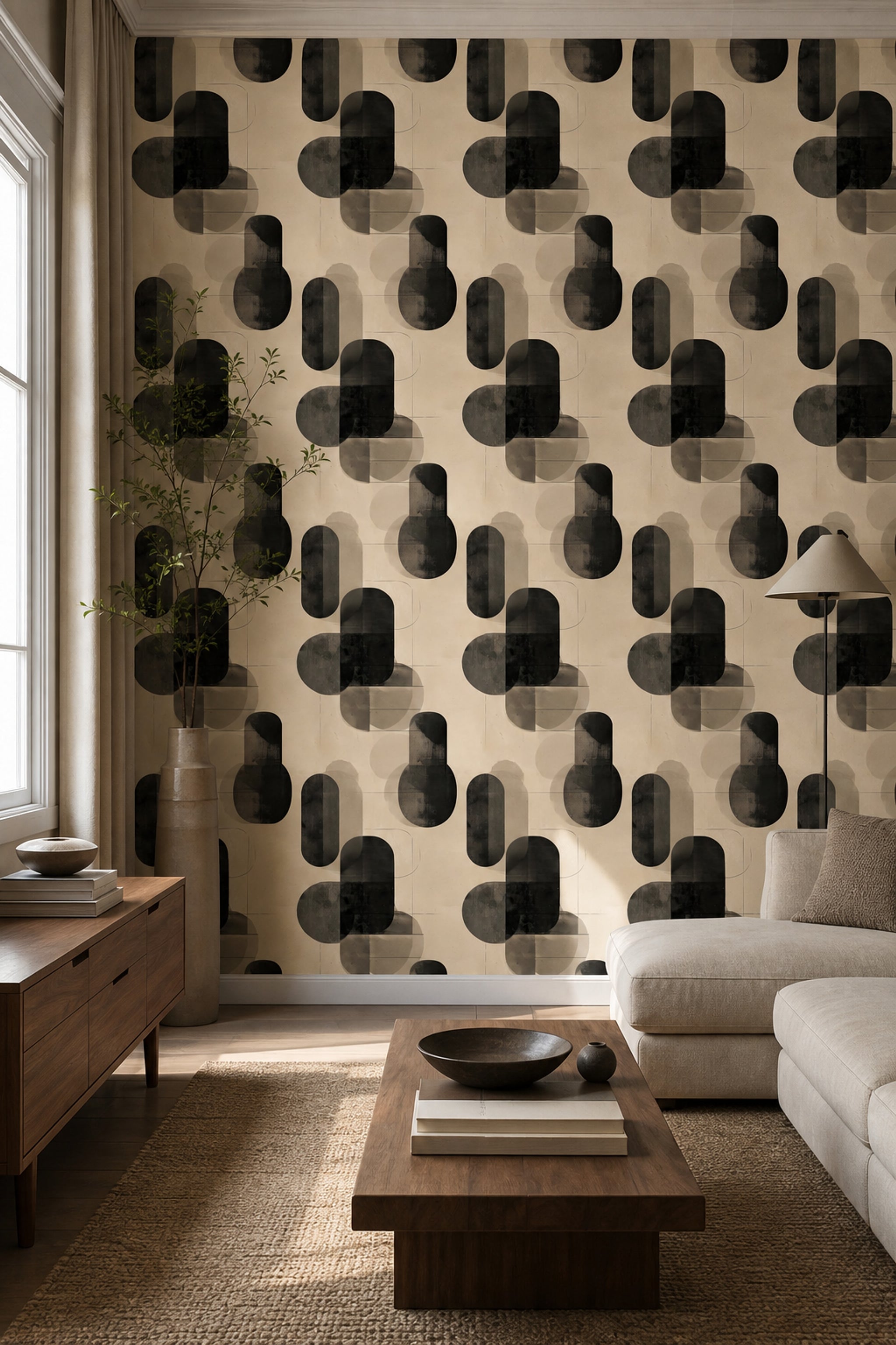 Soyut Geometrik Duvar Kağıdı Bej Siyah Modern Salon Deseni
