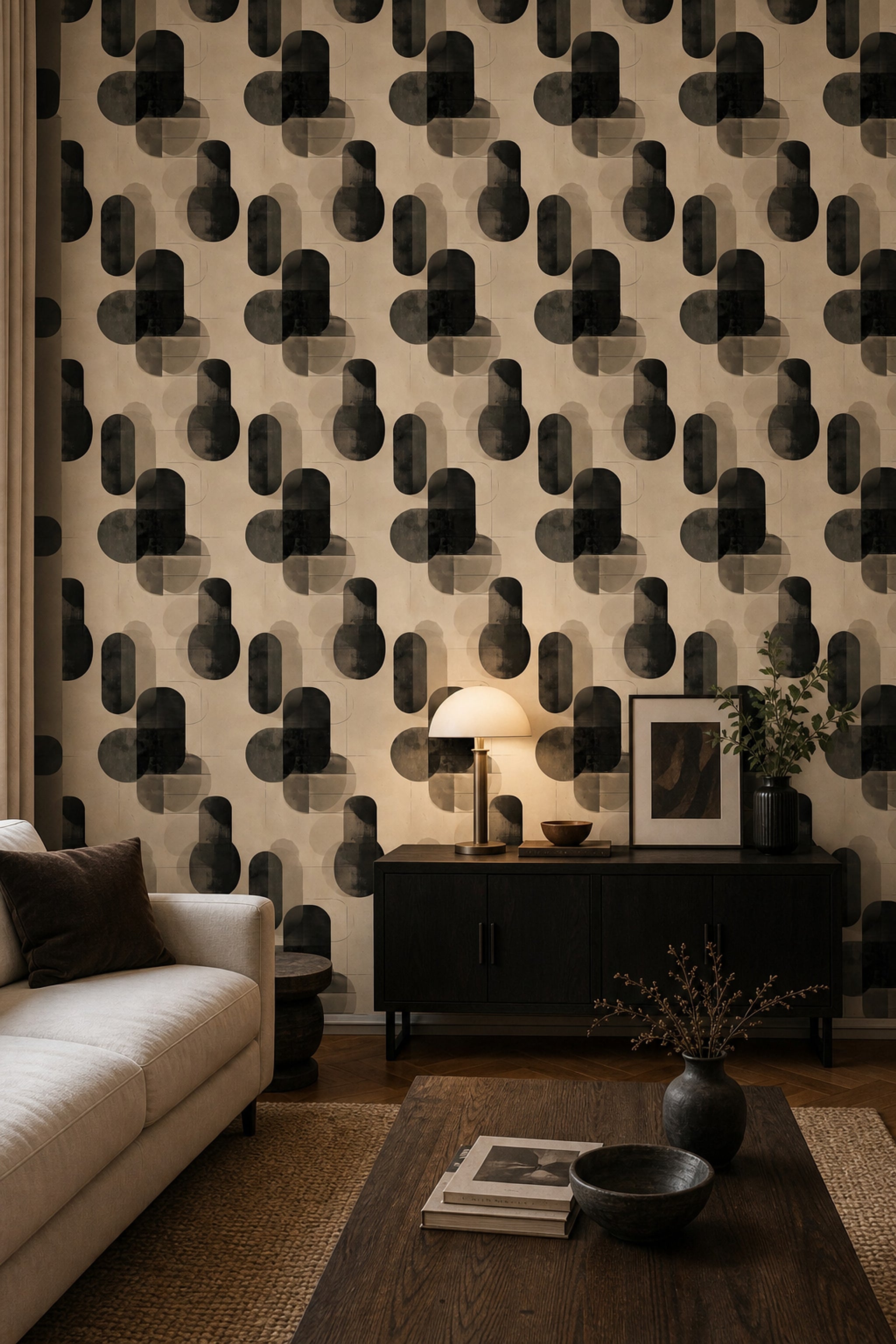 Soyut Geometrik Duvar Kağıdı Bej Siyah Modern Salon Deseni