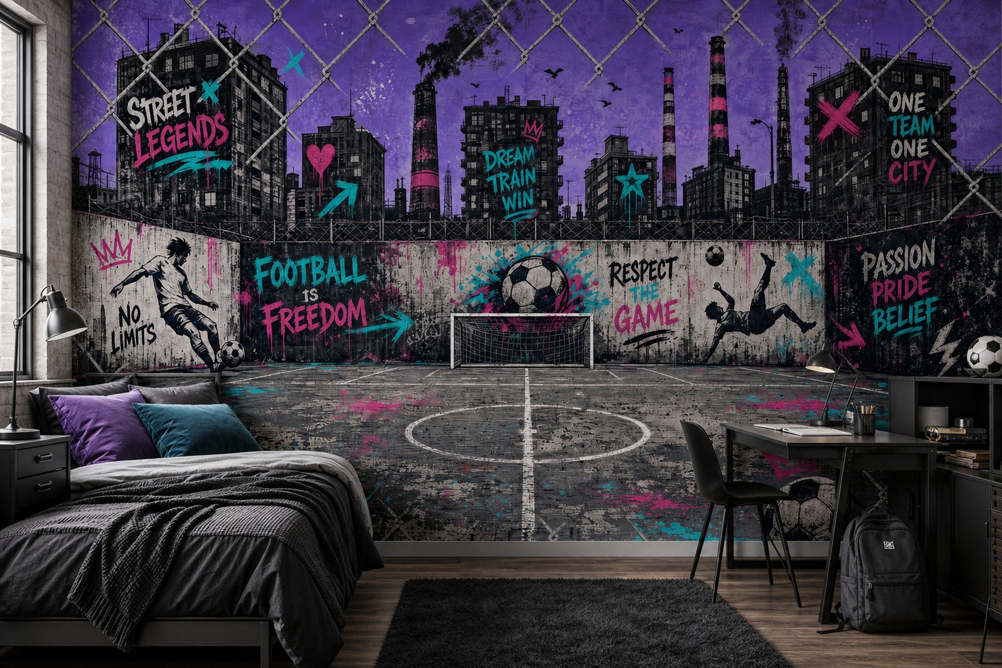 Grafiti Futbol Sahası Poster Duvar Kağıdı Mor Genç Odası