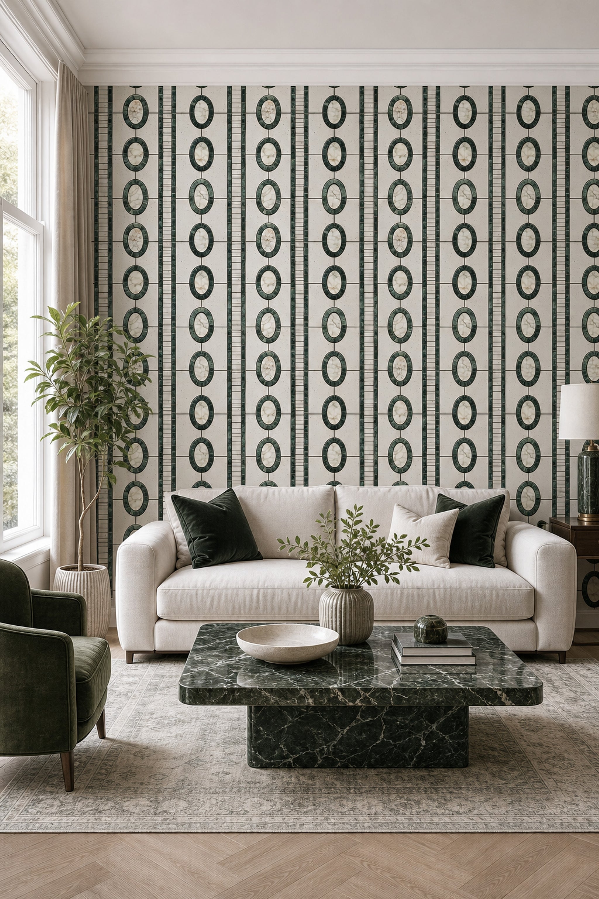 Geometrik Halkalı Duvar Kağıdı Yeşil Krem Salon Deseni