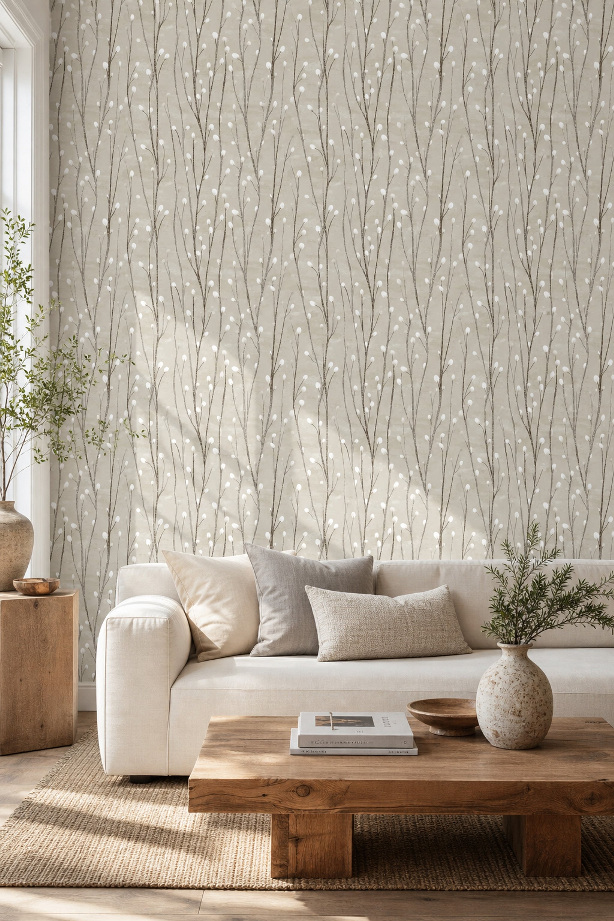Minimal Dallı Duvar Kağıdı Bej Gri Salon Deseni