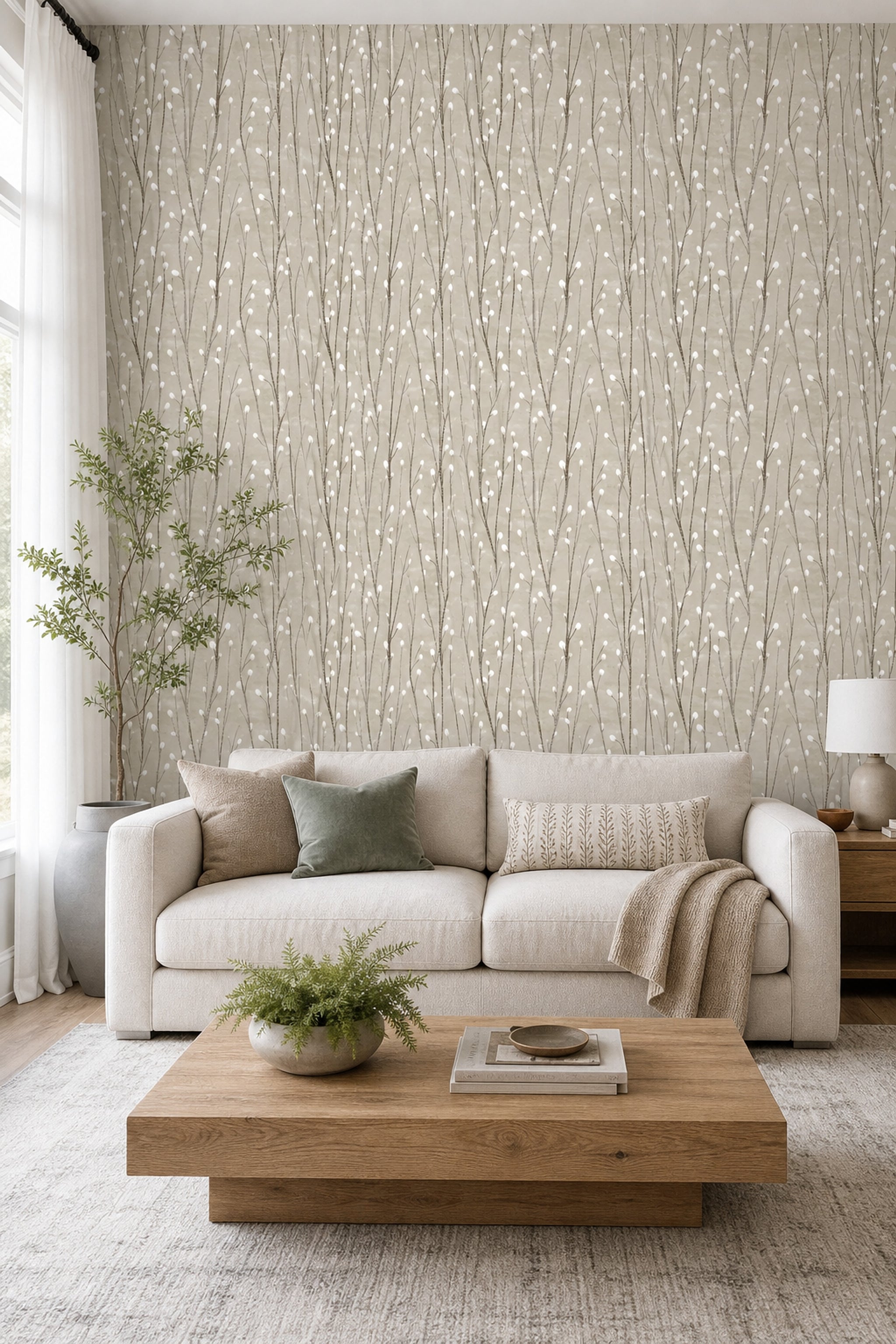 Minimal Dallı Duvar Kağıdı Bej Gri Salon Deseni
