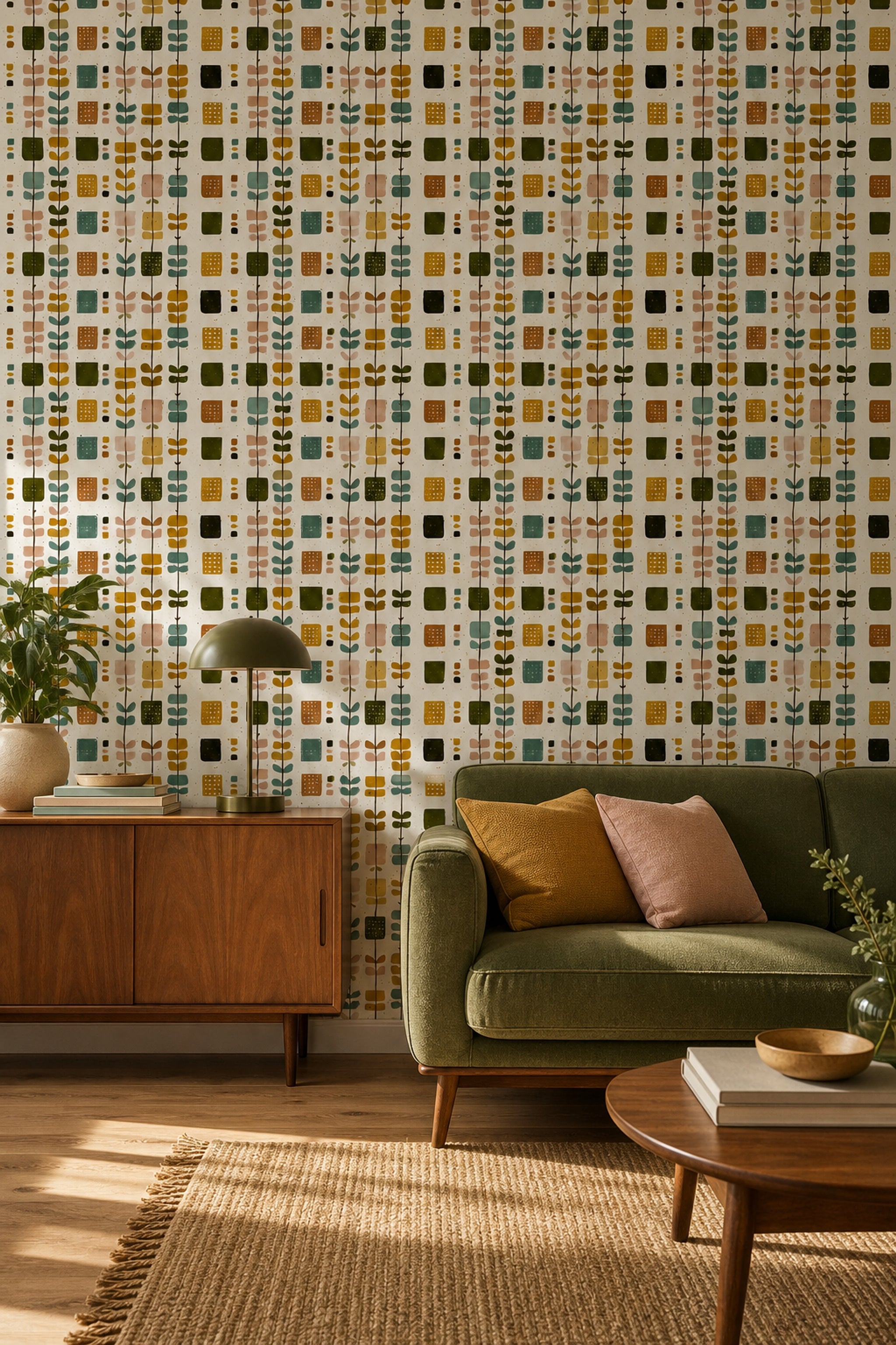 Retro Geometrik Desenli Duvar Kağıdı Yeşil Hardal Salon