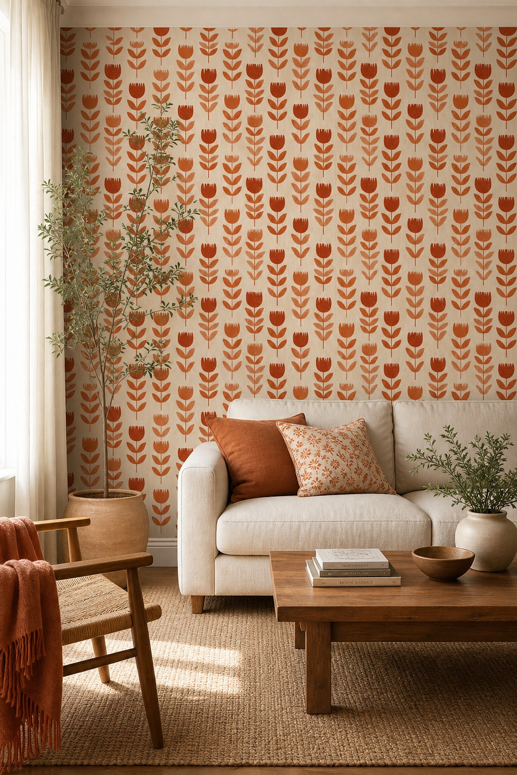 Lale Desenli Duvar Kağıdı Kiremit Turuncu Retro Salon