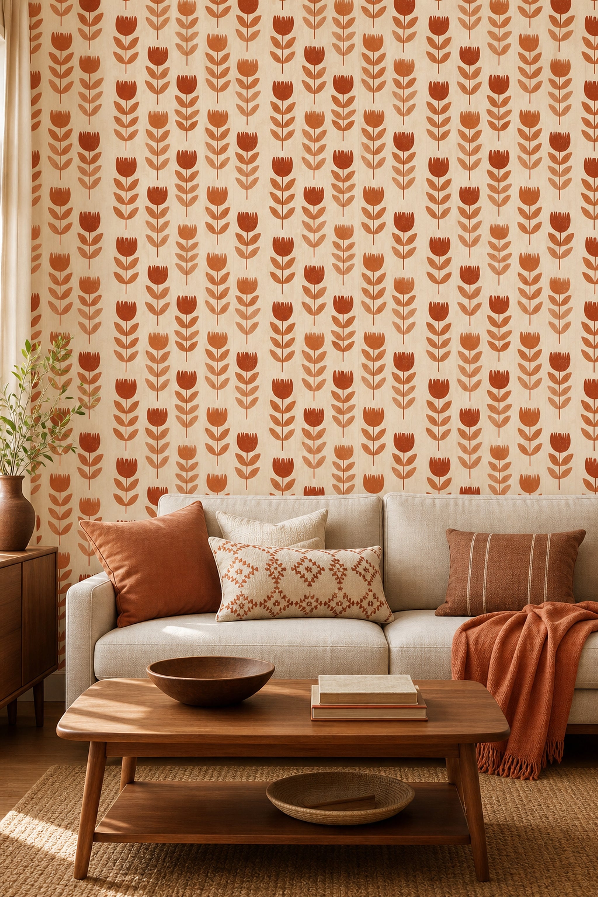 Lale Desenli Duvar Kağıdı Kiremit Turuncu Retro Salon