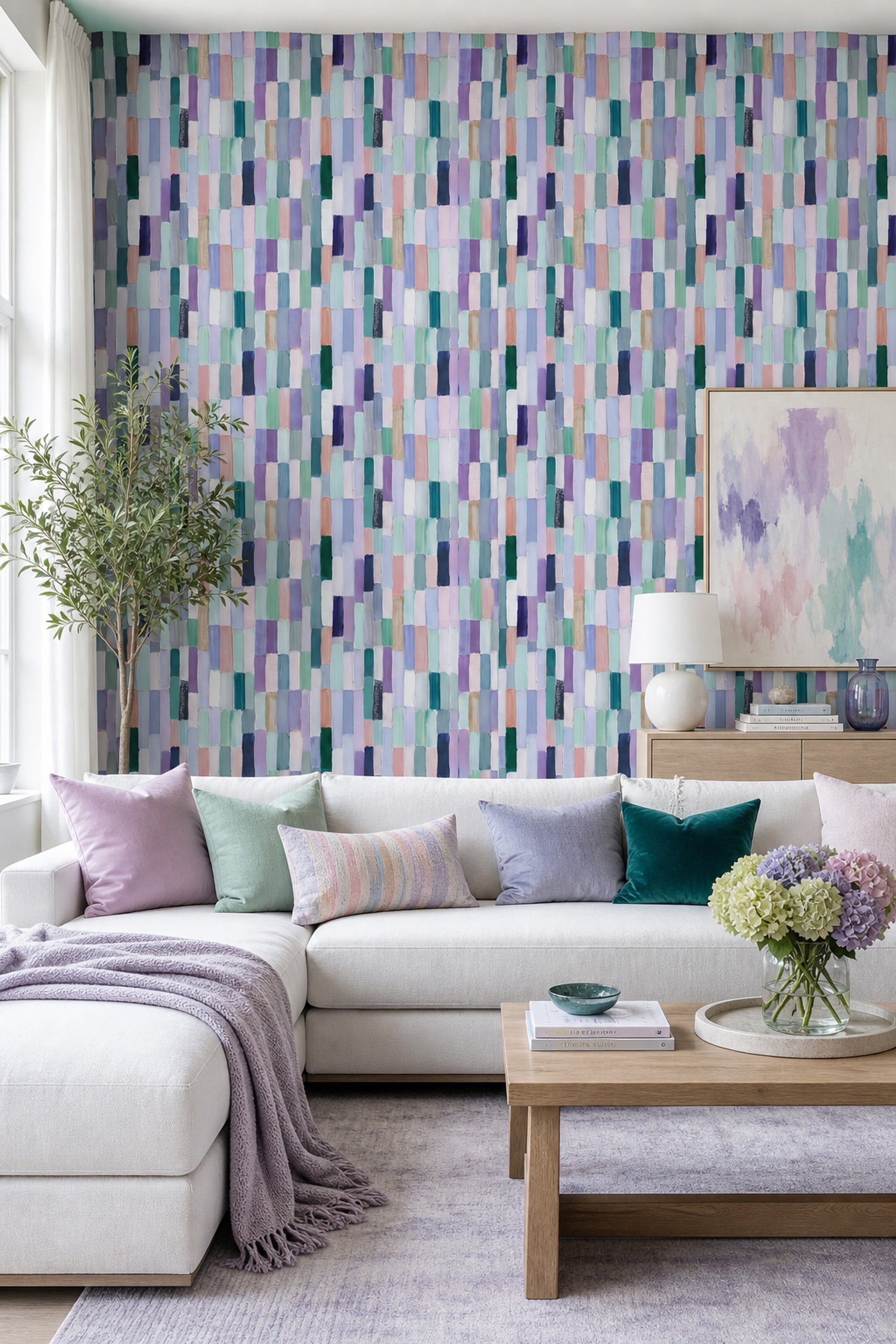 Renkli Fırça Darbeli Duvar Kağıdı Modern Geometrik Salon