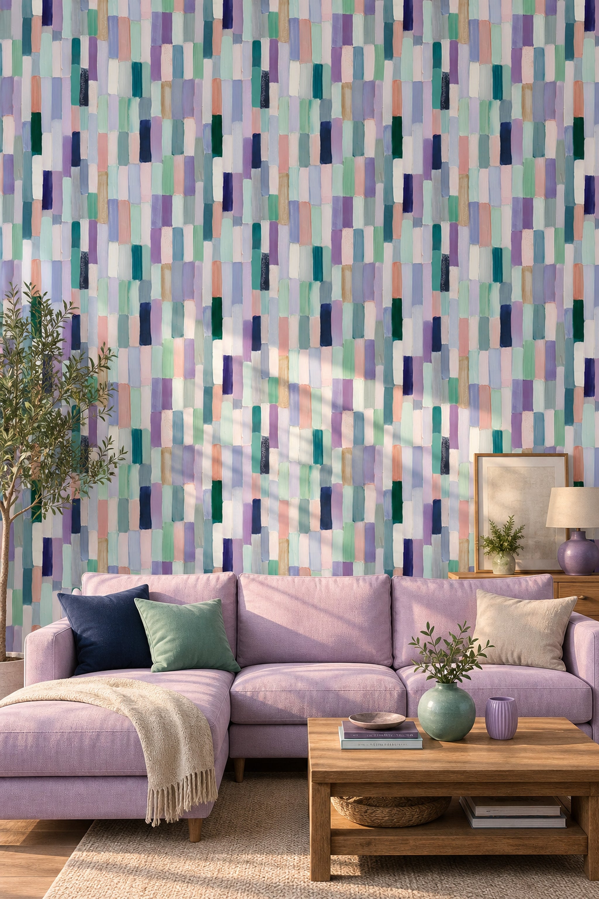 Renkli Fırça Darbeli Duvar Kağıdı Modern Geometrik Salon