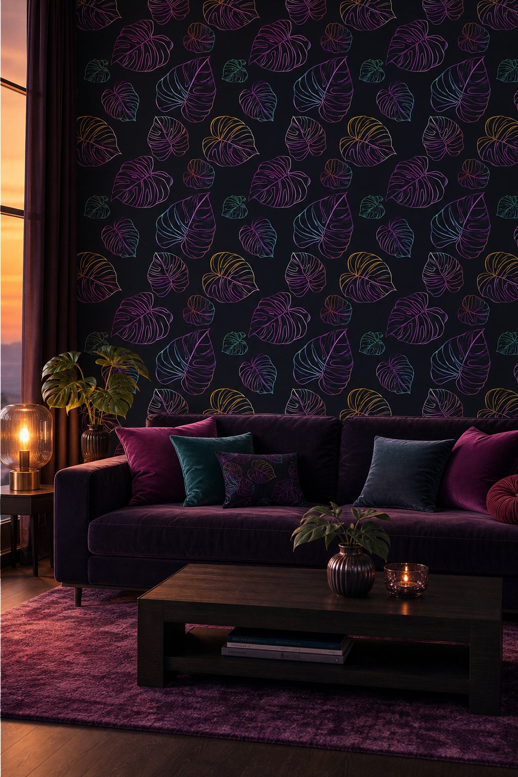 Neon Tropikal Yapraklı Duvar Kağıdı Siyah Zemin Salon