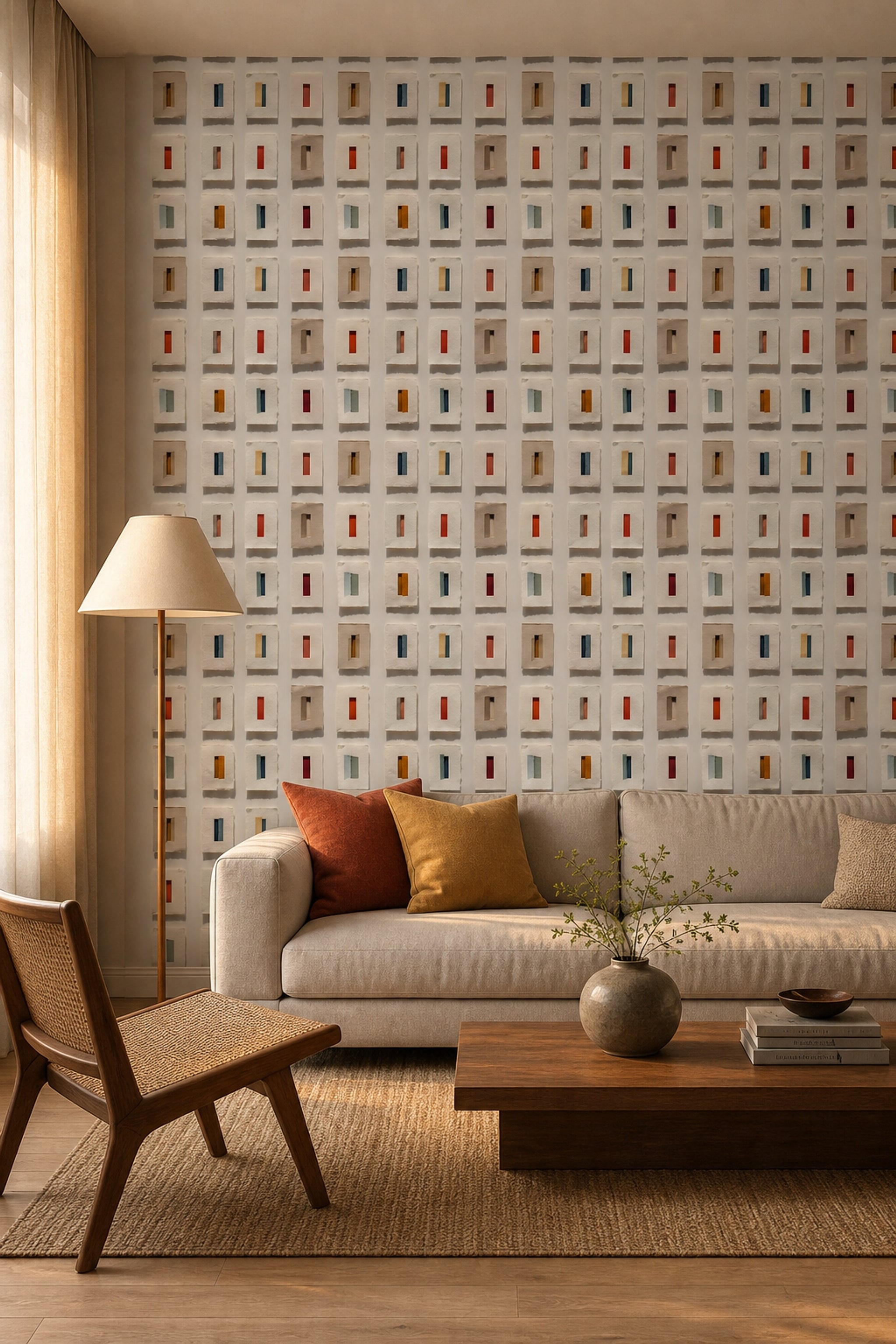 Geometrik Kareli Duvar Kağıdı Renkli Minimal Yatak Odası
