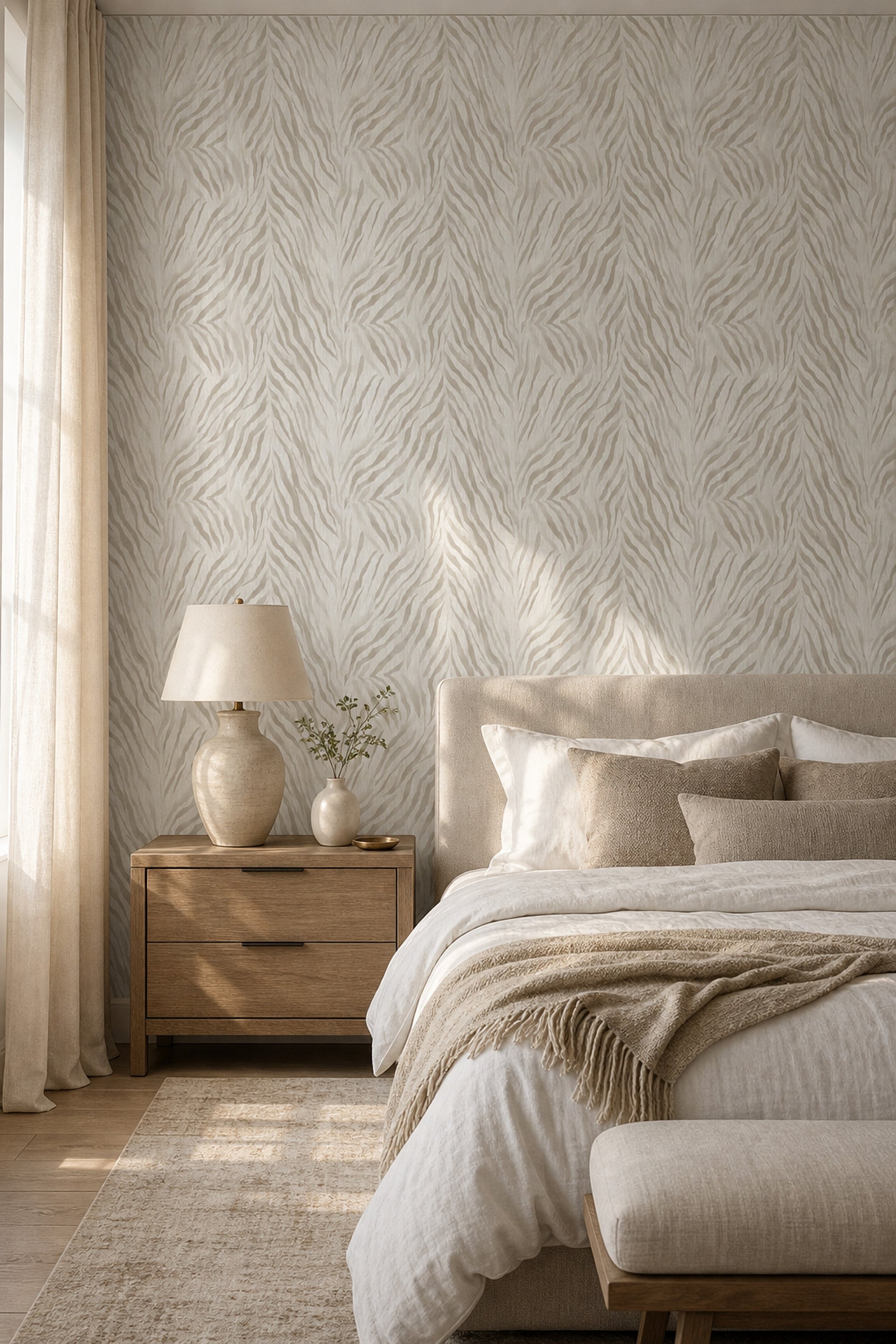 Bej Zebra Desenli Duvar Kağıdı Modern Salon Dekoru