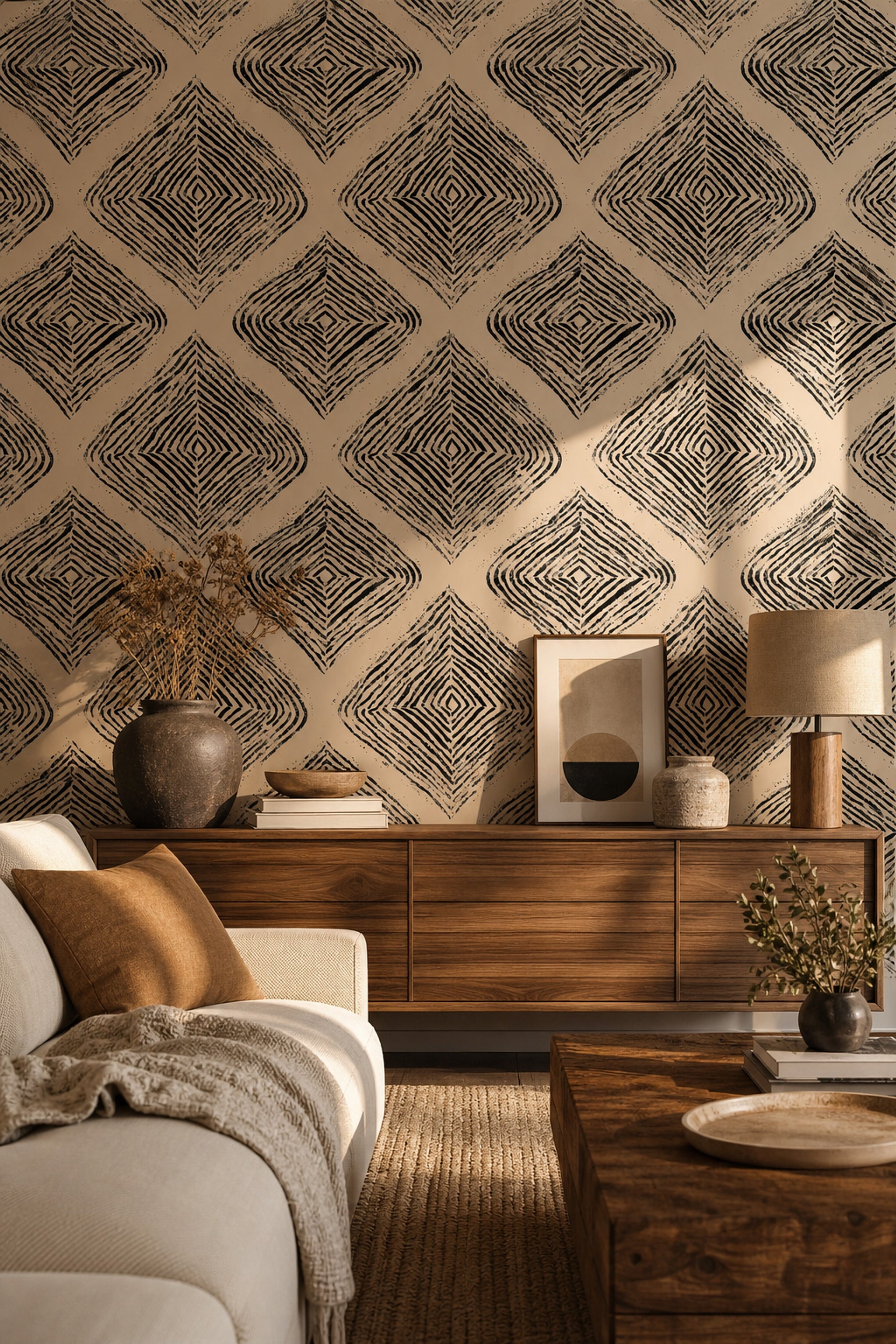 Geometrik Desenli Duvar Kağıdı Bej Siyah Modern Salon