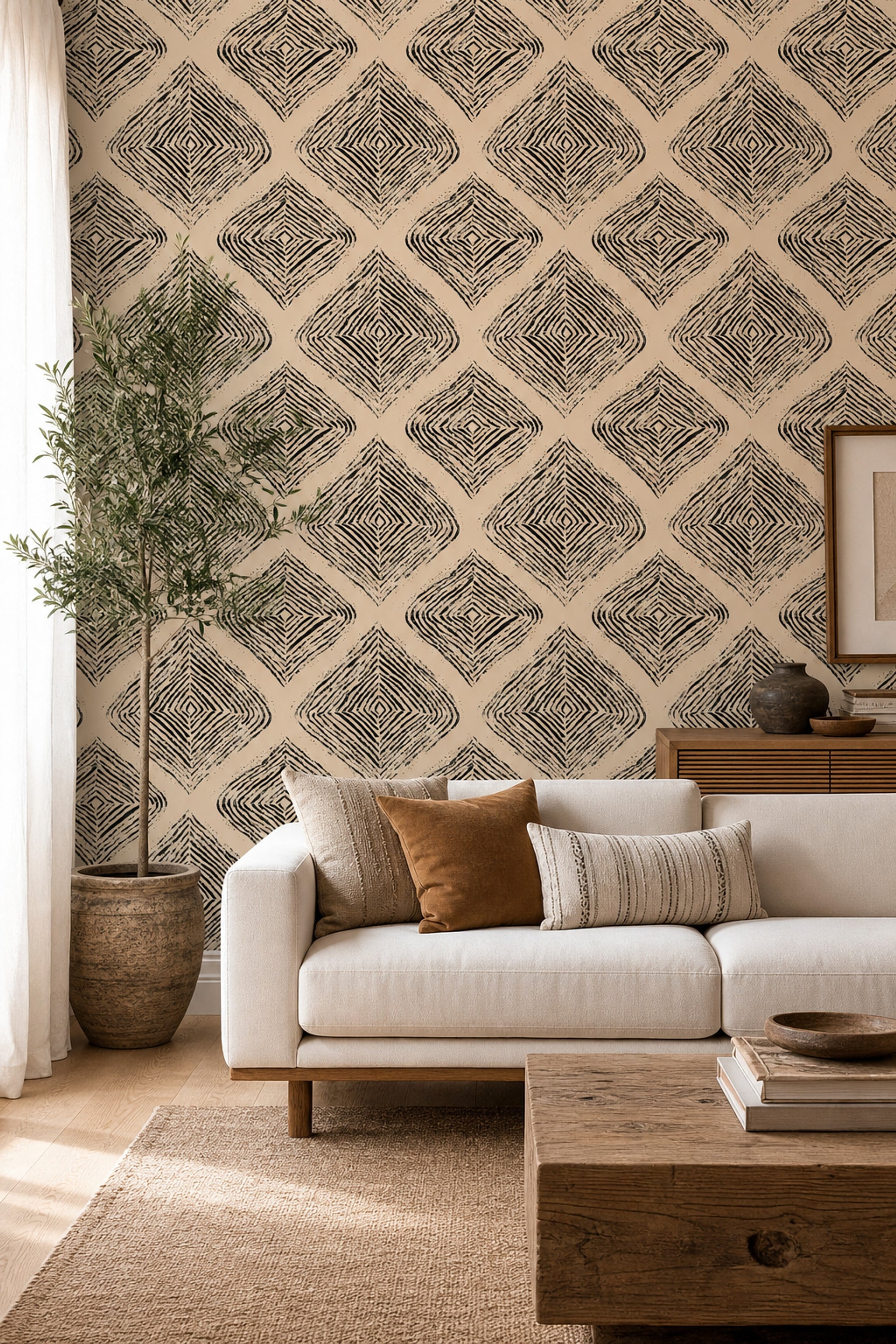 Geometrik Desenli Duvar Kağıdı Bej Siyah Modern Salon