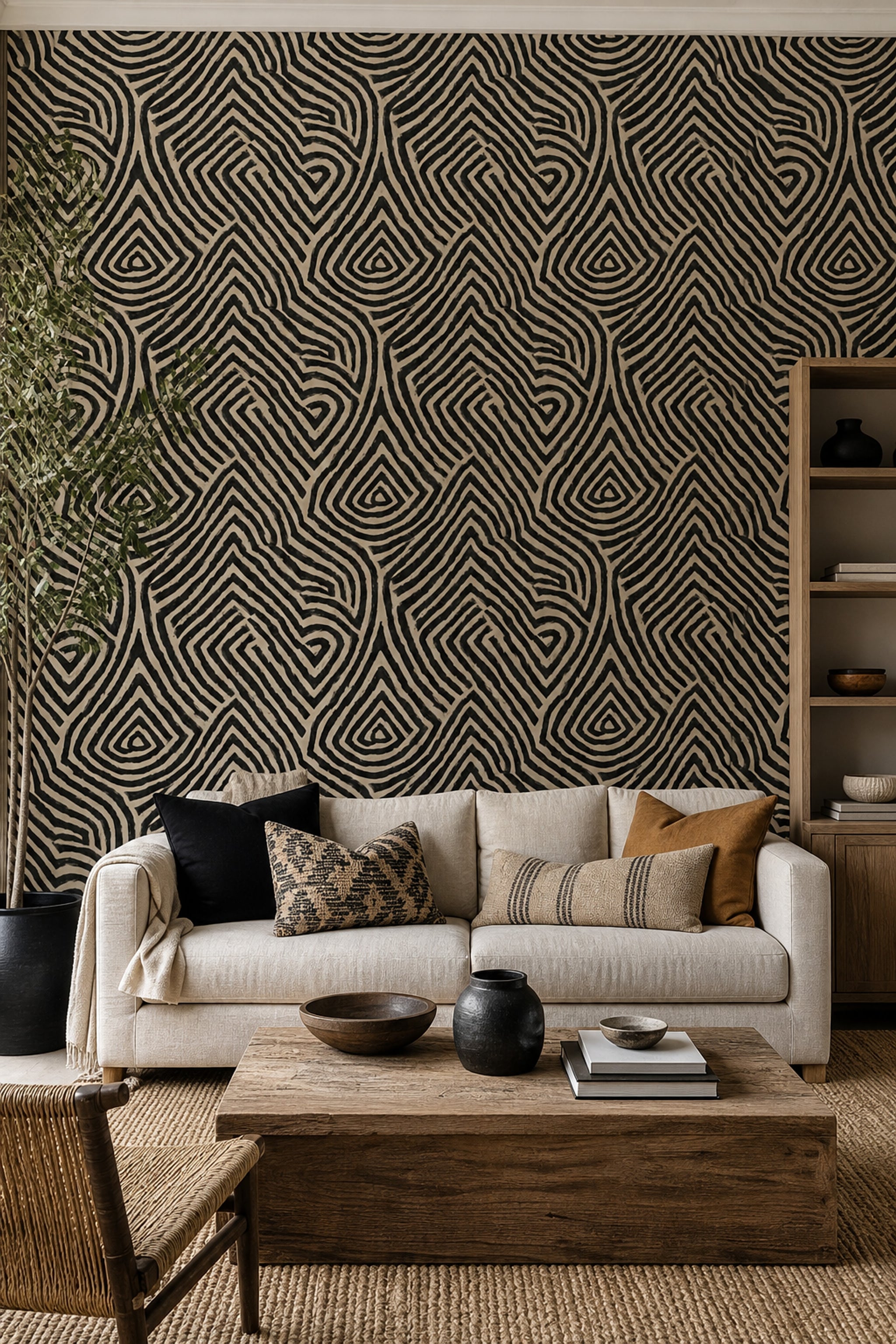 Siyah Bej Geometrik Çizgili Duvar Kağıdı Modern Salon