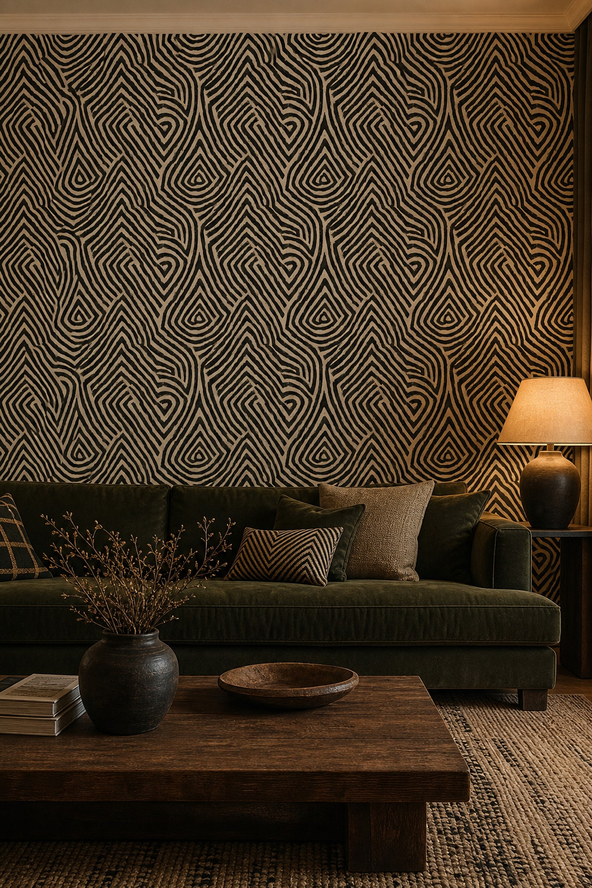 Siyah Bej Geometrik Çizgili Duvar Kağıdı Modern Salon