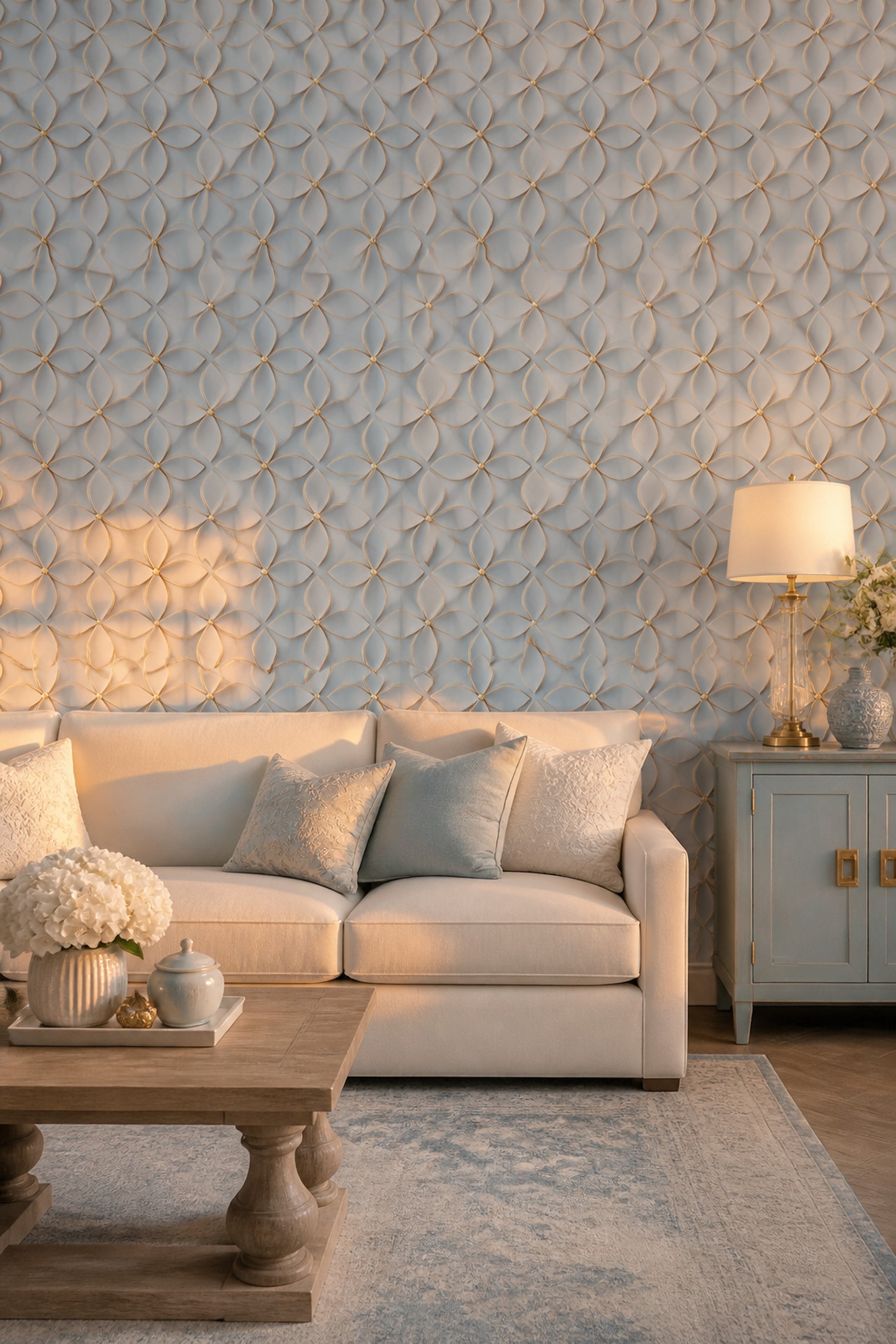 Geometrik Halka Desenli Duvar Kağıdı Açık Mavi Salon