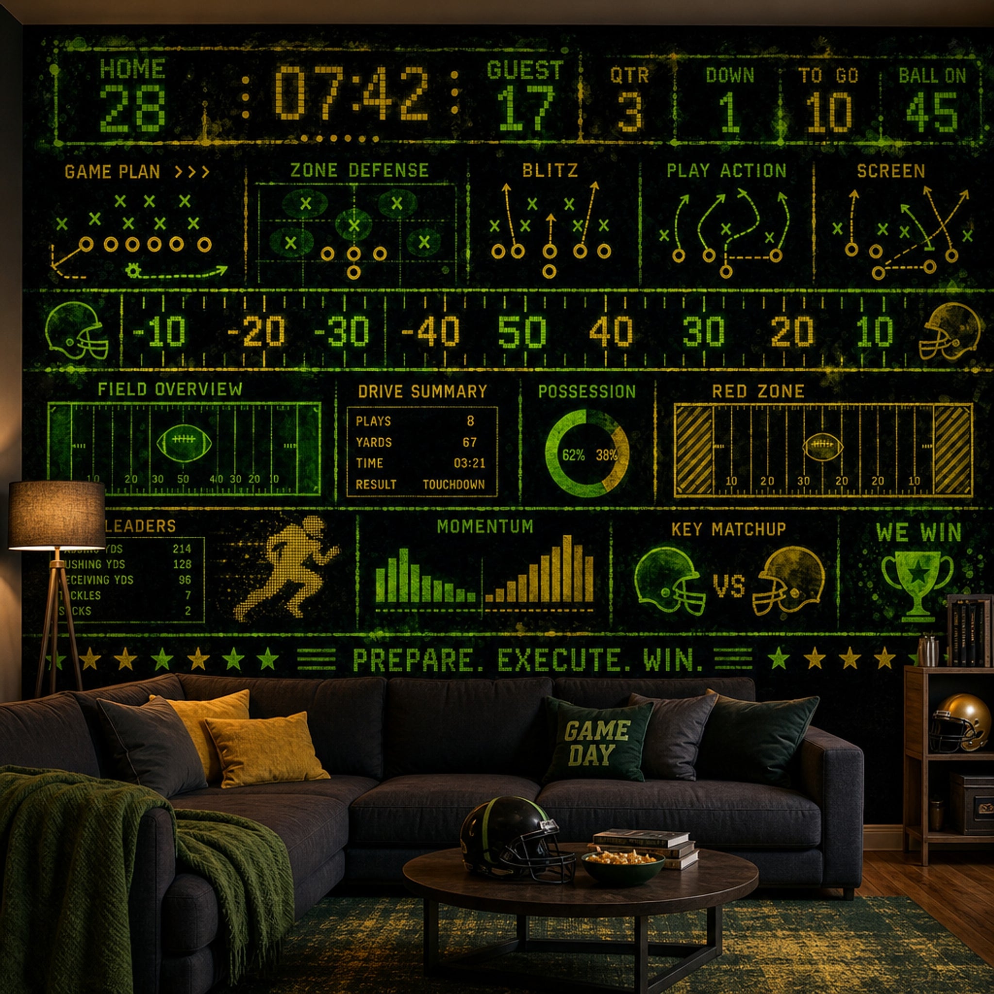 Amerikan Futbolu Taktik Poster Duvar Kağıdı Siyah Yeşil Genç Odası