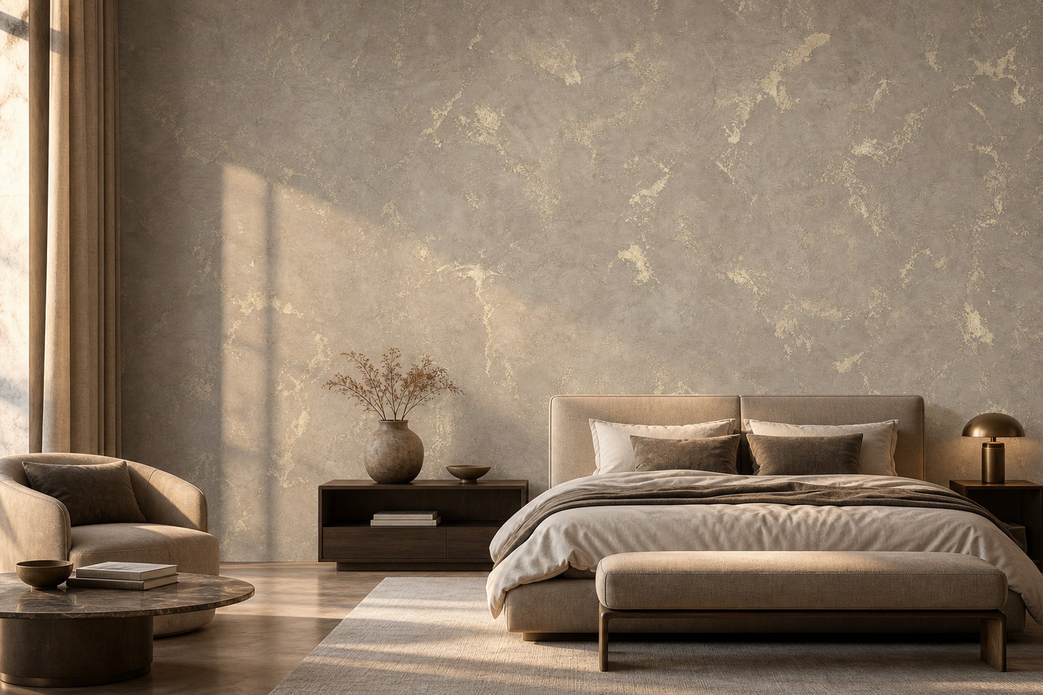 Beton Görünümlü Poster Duvar Kağıdı Bej Gri Modern Yatak Odası