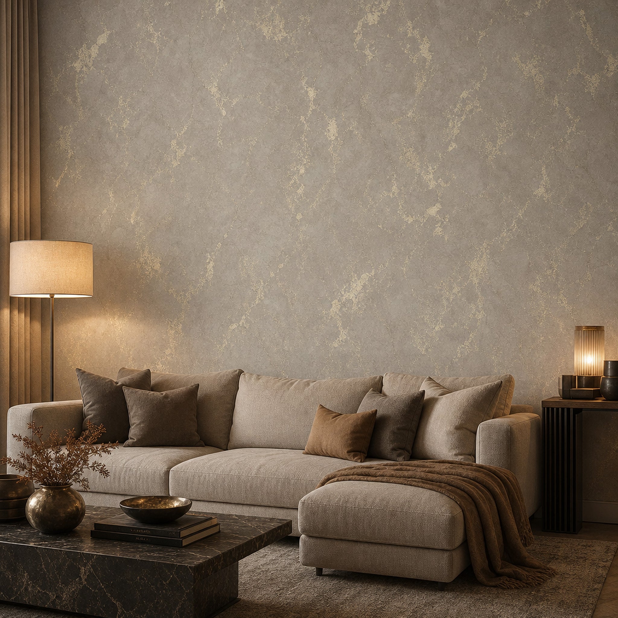 Beton Görünümlü Poster Duvar Kağıdı Bej Gri Modern Yatak Odası