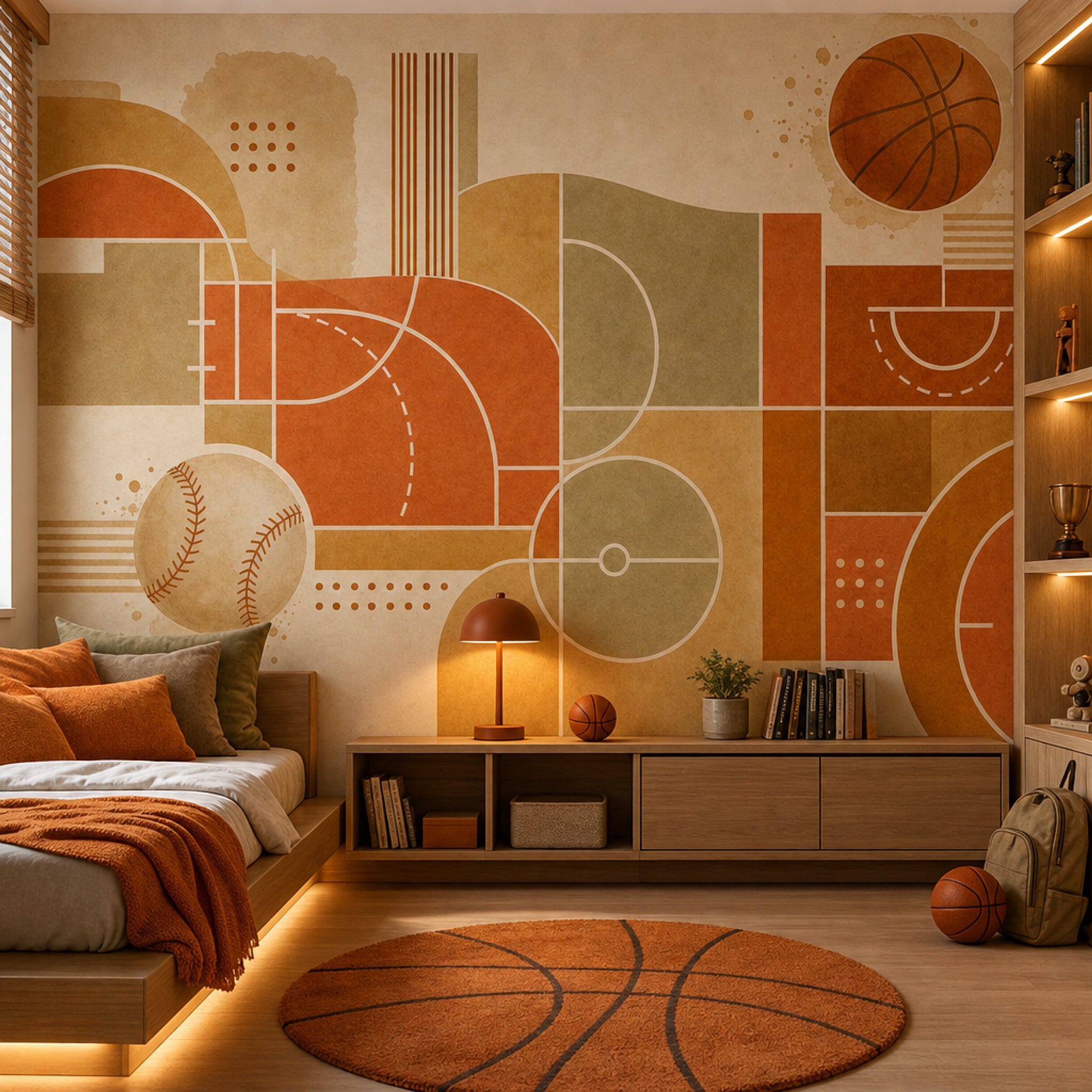 Geometrik Spor Temalı Poster Duvar Kağıdı Turuncu Bej Salon