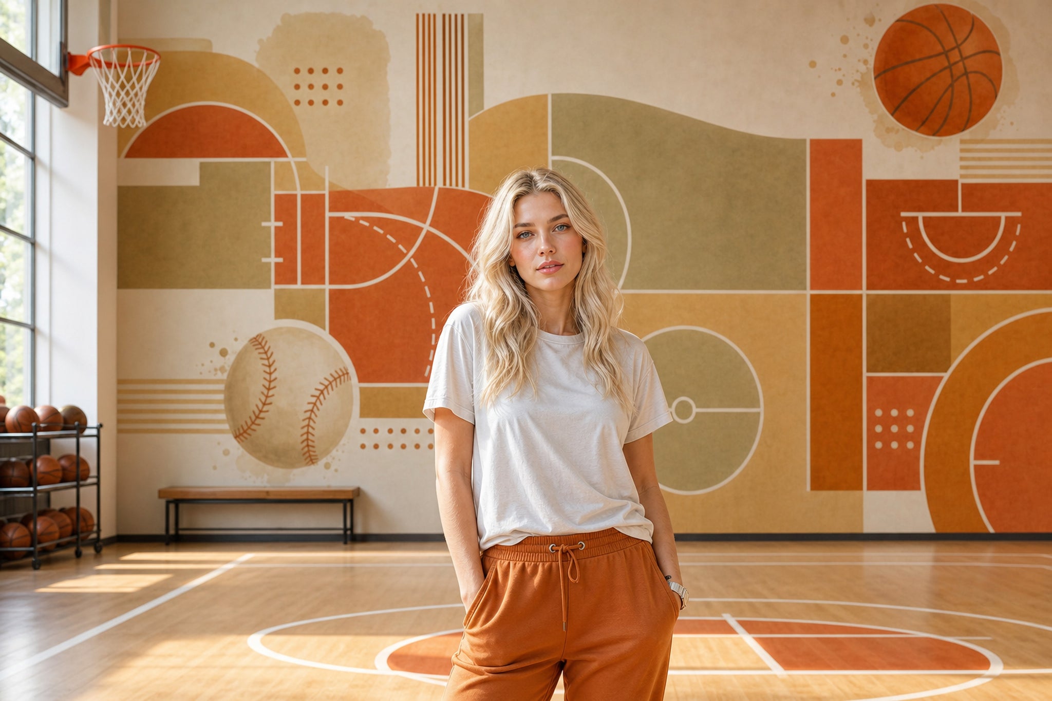 Geometrik Spor Temalı Poster Duvar Kağıdı Turuncu Bej Salon