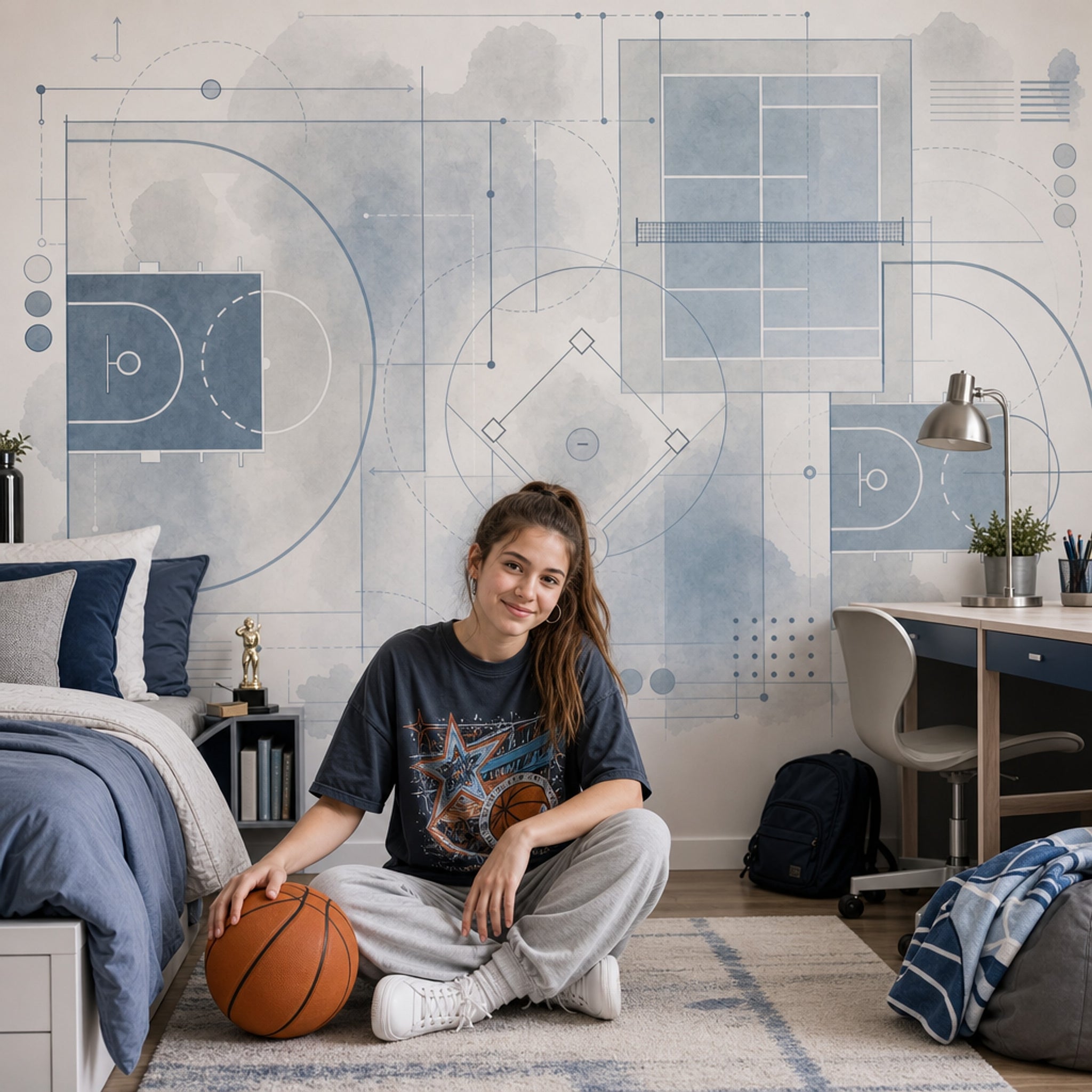 Basketbol Sahası Çizimli Poster Duvar Kağıdı Mavi Gri Genç Odası
