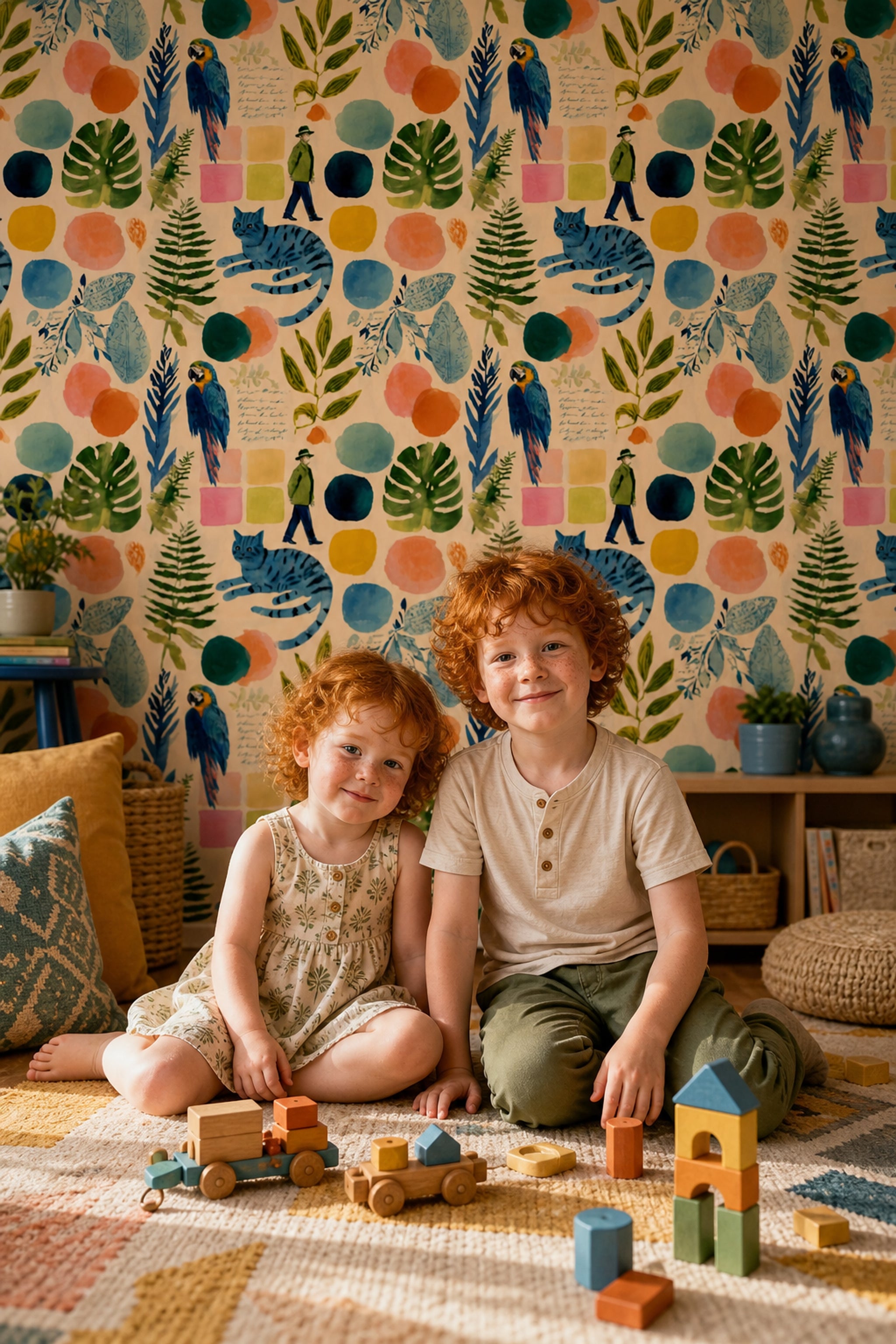 Tropikal Papağanlı Duvar Kağıdı Renkli Yaprak Desenli Salon