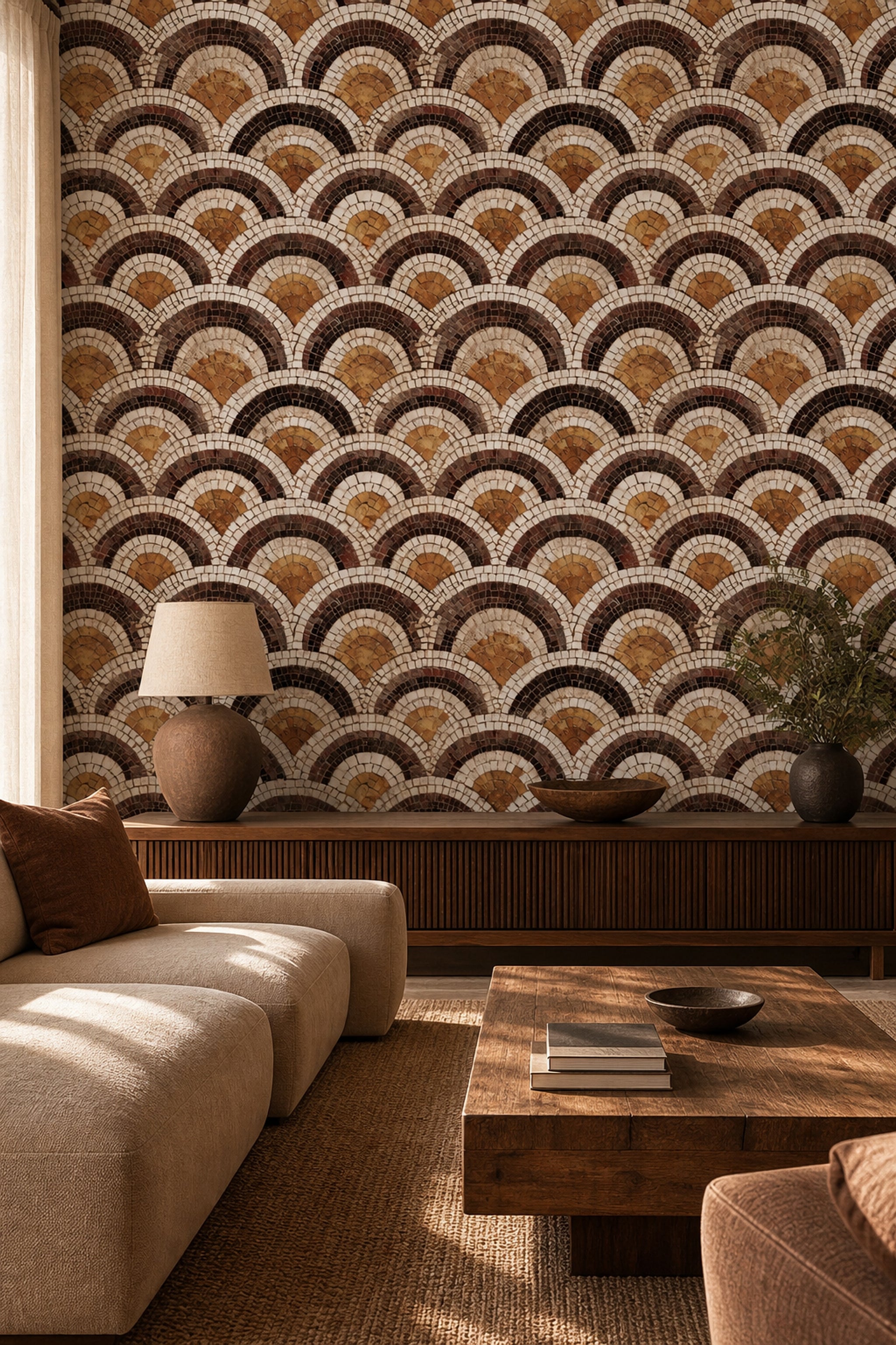 Art Deco Yelpaze Desenli Duvar Kağıdı Kahverengi Salon