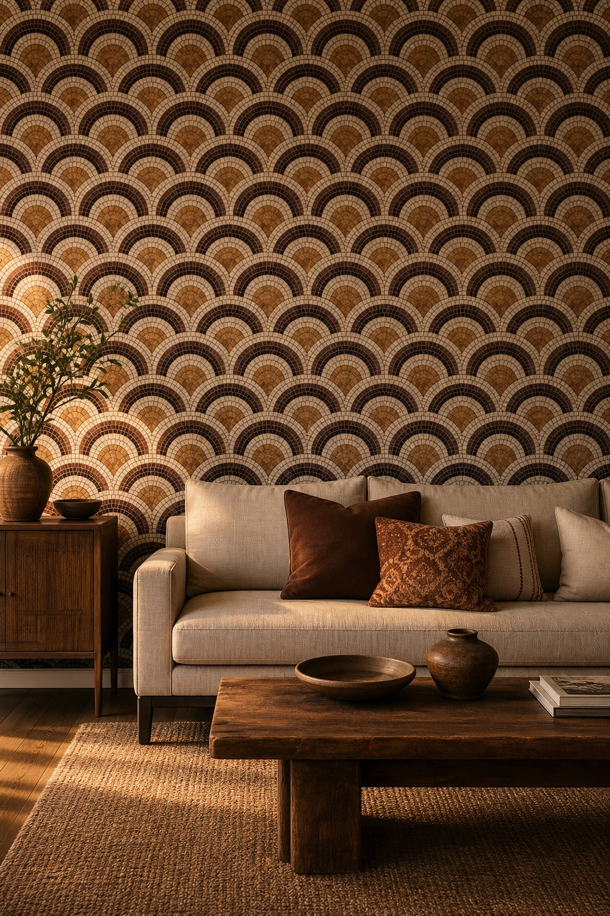 Art Deco Yelpaze Desenli Duvar Kağıdı Kahverengi Salon