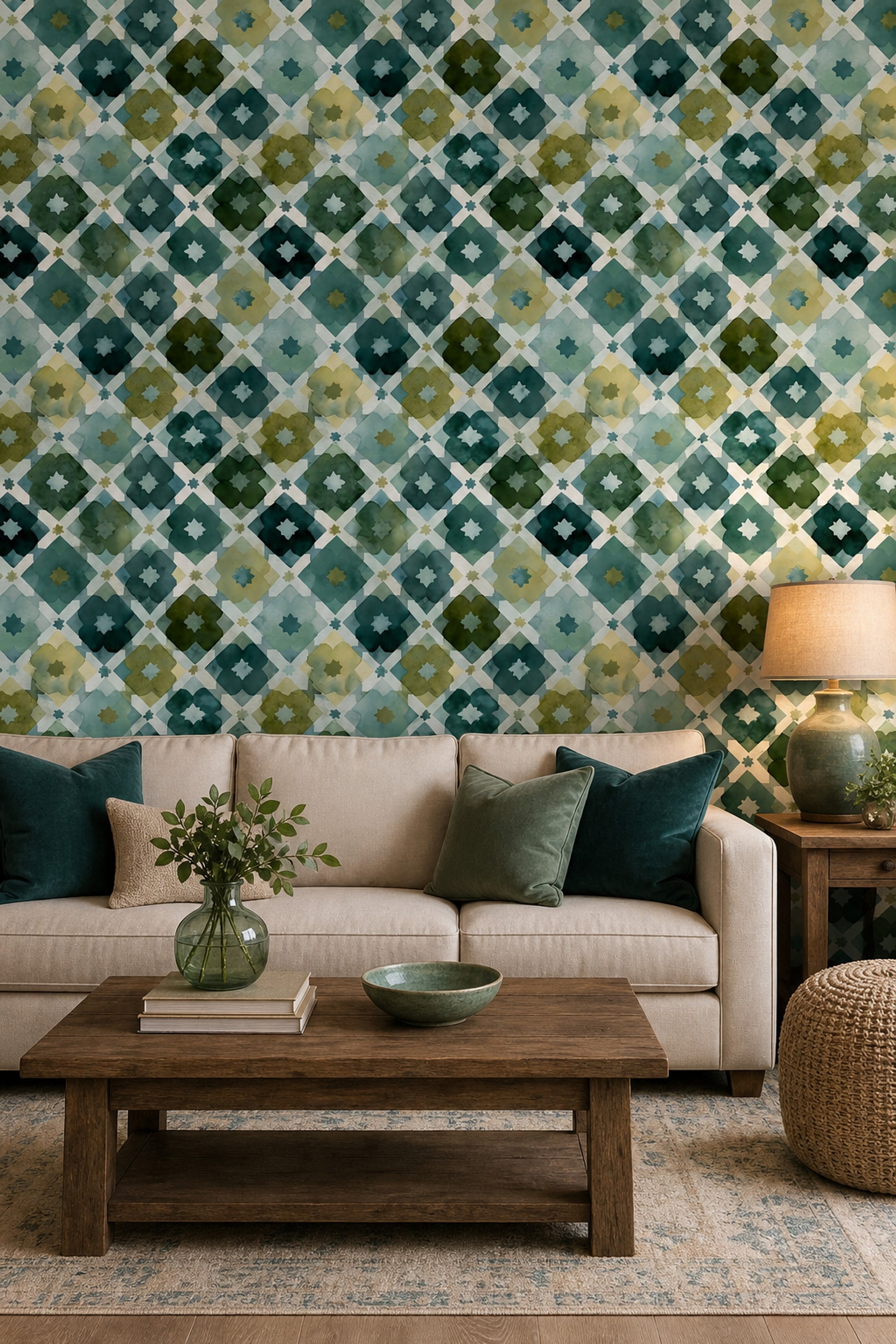 Geometrik Çini Desenli Duvar Kağıdı Yeşil Mavi Salon