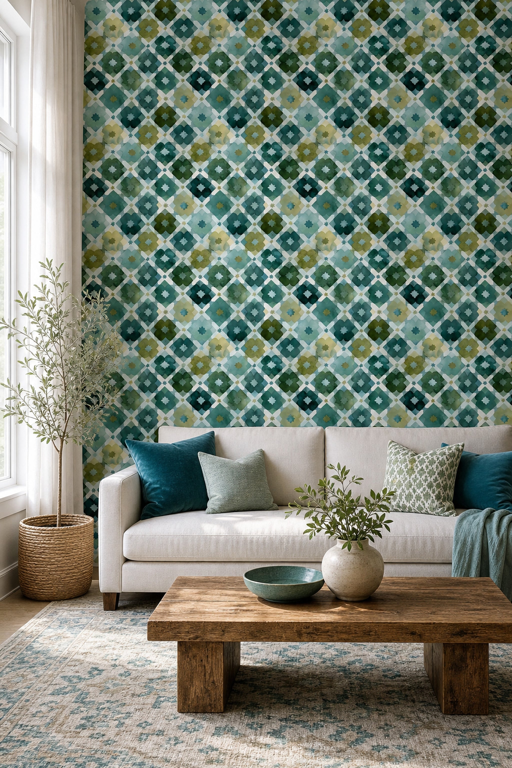 Geometrik Çini Desenli Duvar Kağıdı Yeşil Mavi Salon