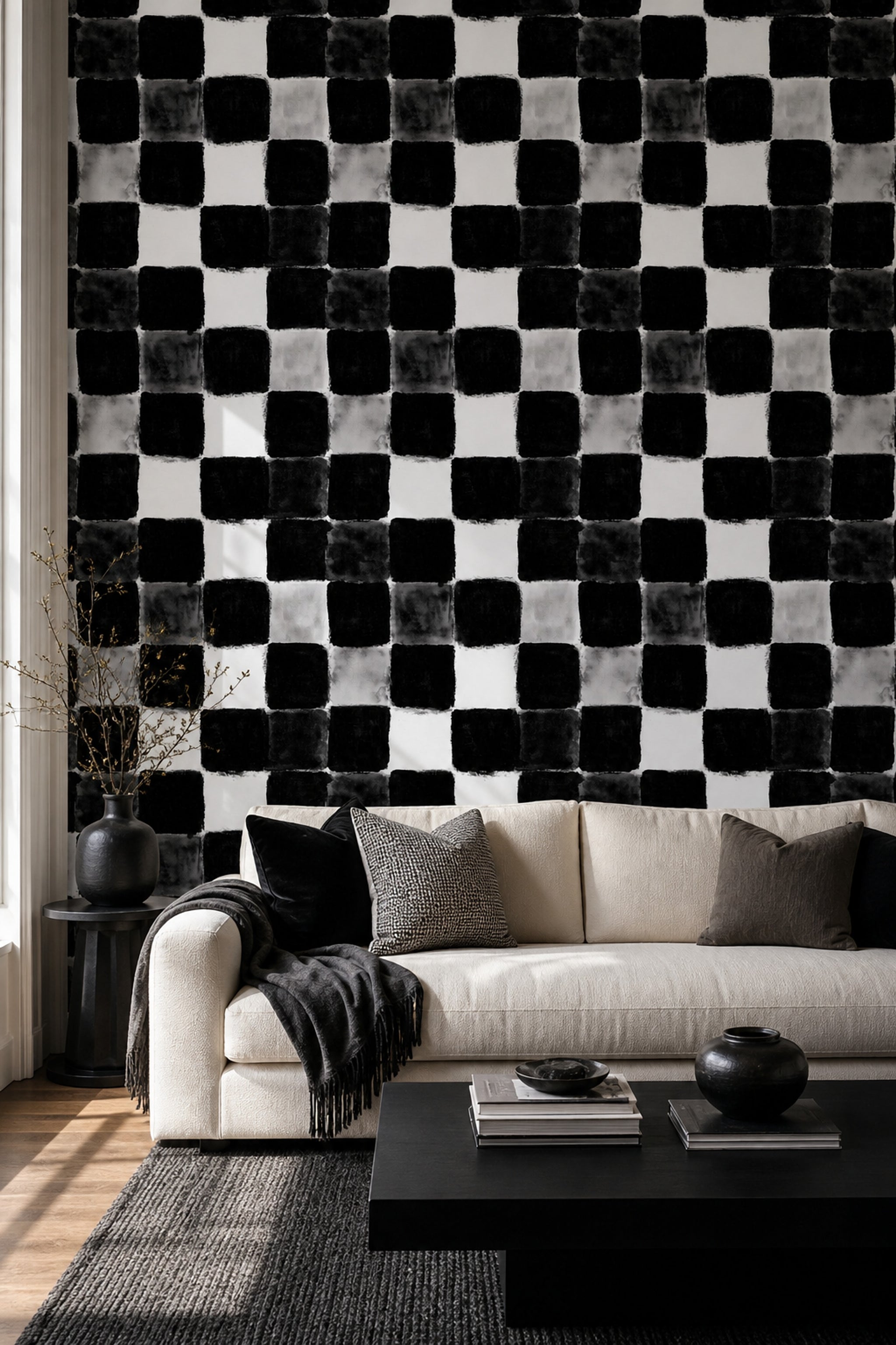 Siyah Beyaz Kareli Duvar Kağıdı Modern Geometrik Desen