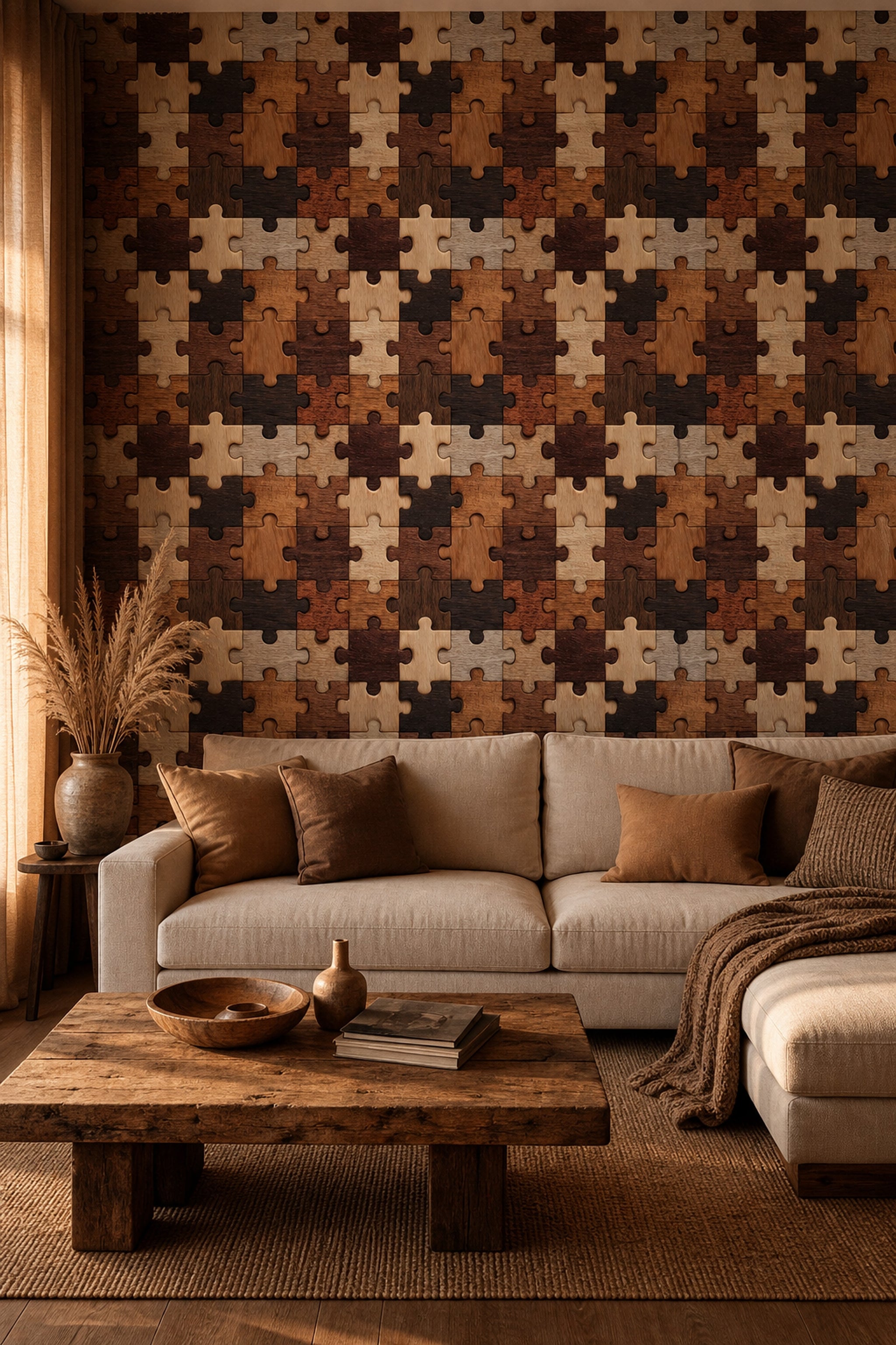 Ahşap Puzzle Desenli Duvar Kağıdı Kahverengi Salon Duvarı