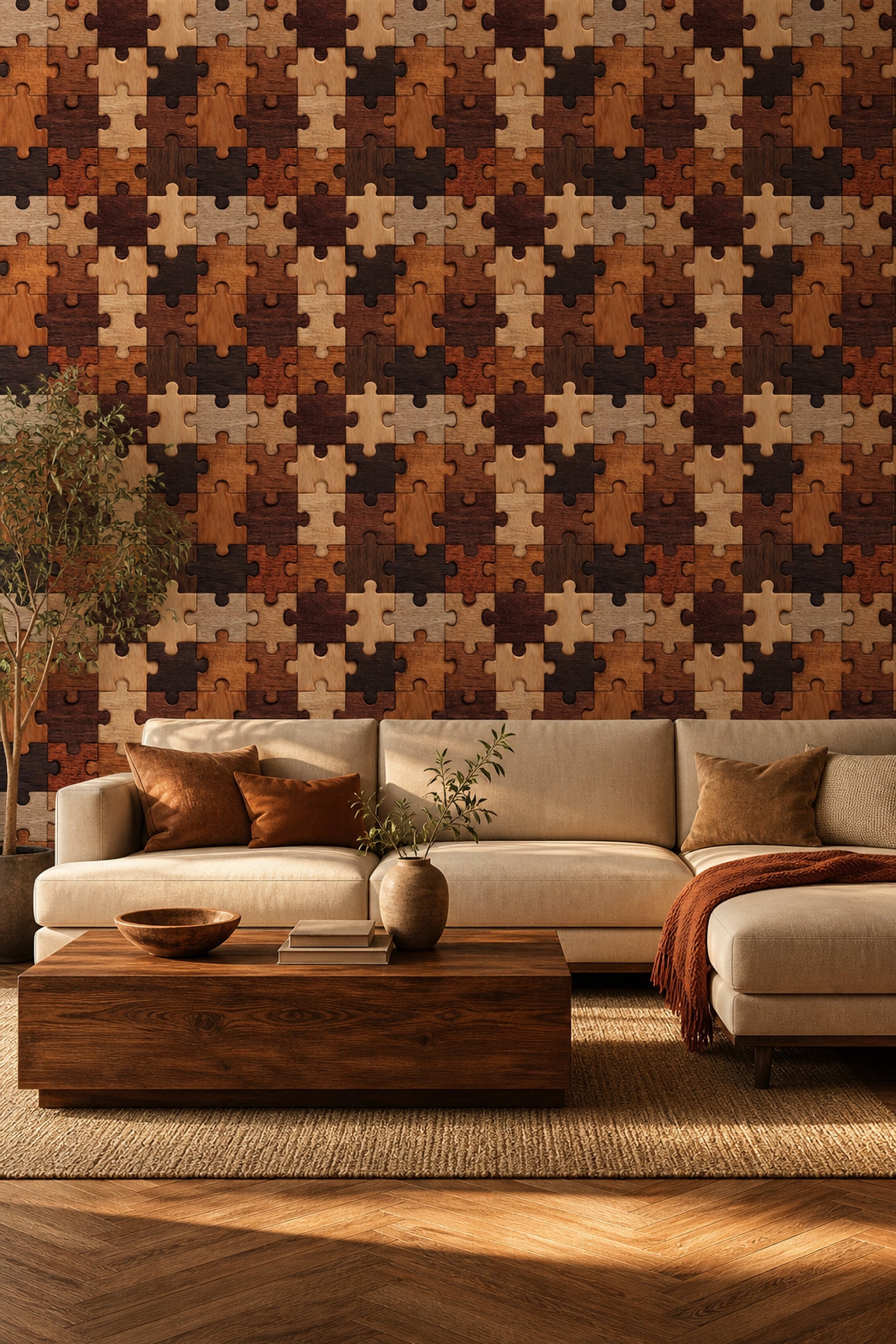 Ahşap Puzzle Desenli Duvar Kağıdı Kahverengi Salon Duvarı