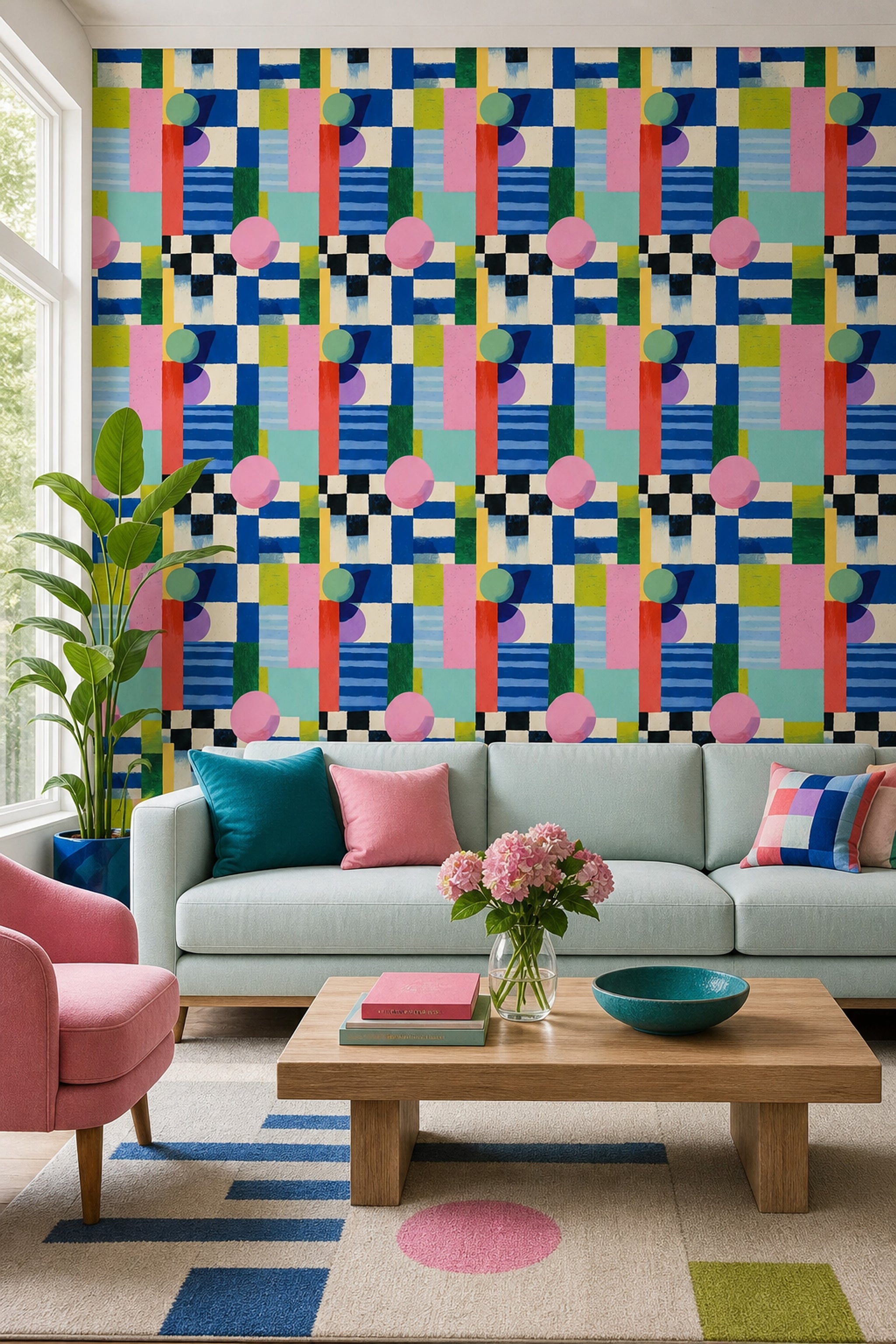 Soyut Geometrik Duvar Kağıdı Mavi Kareli Salon Deseni