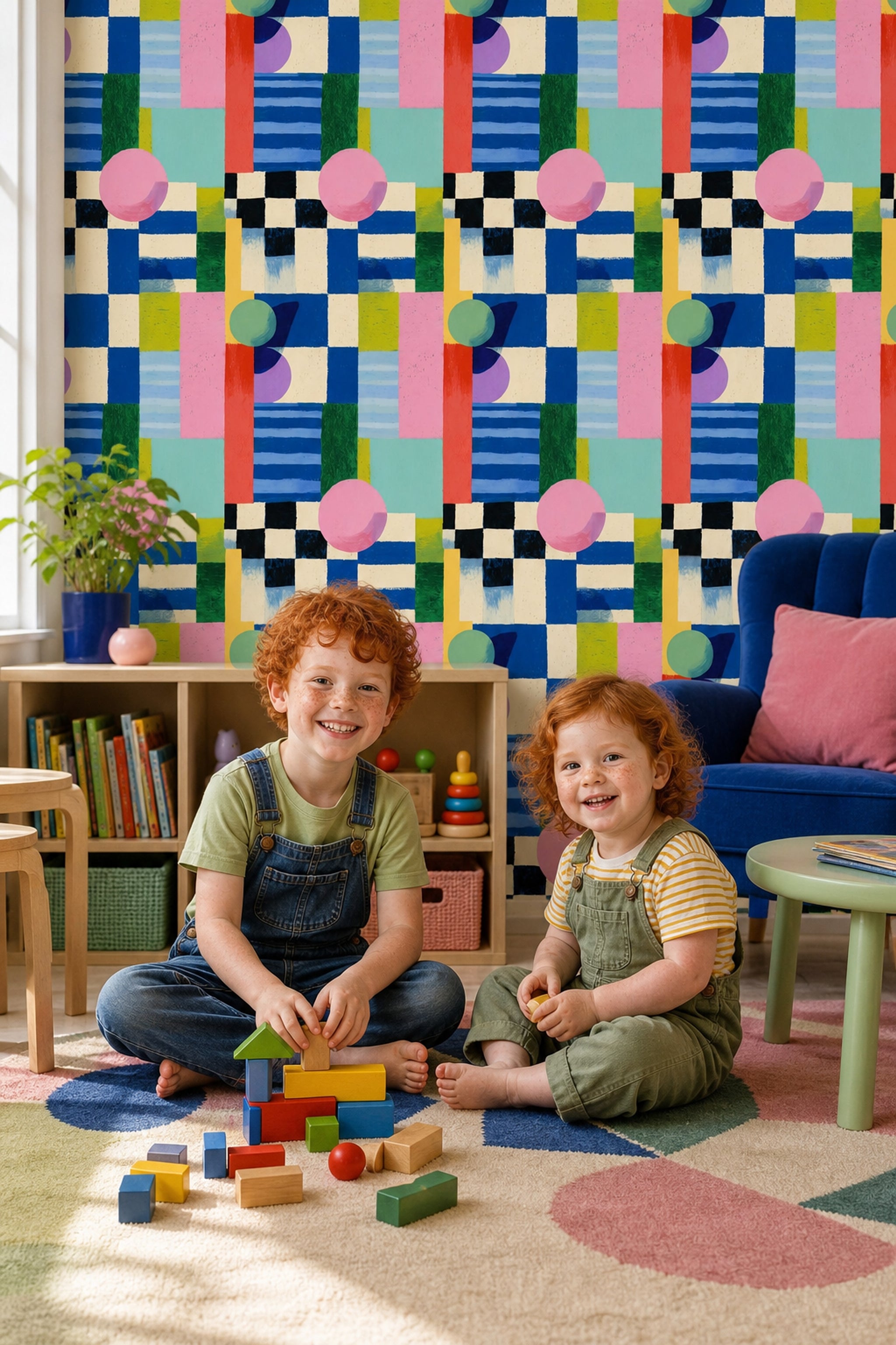Soyut Geometrik Duvar Kağıdı Mavi Kareli Salon Deseni