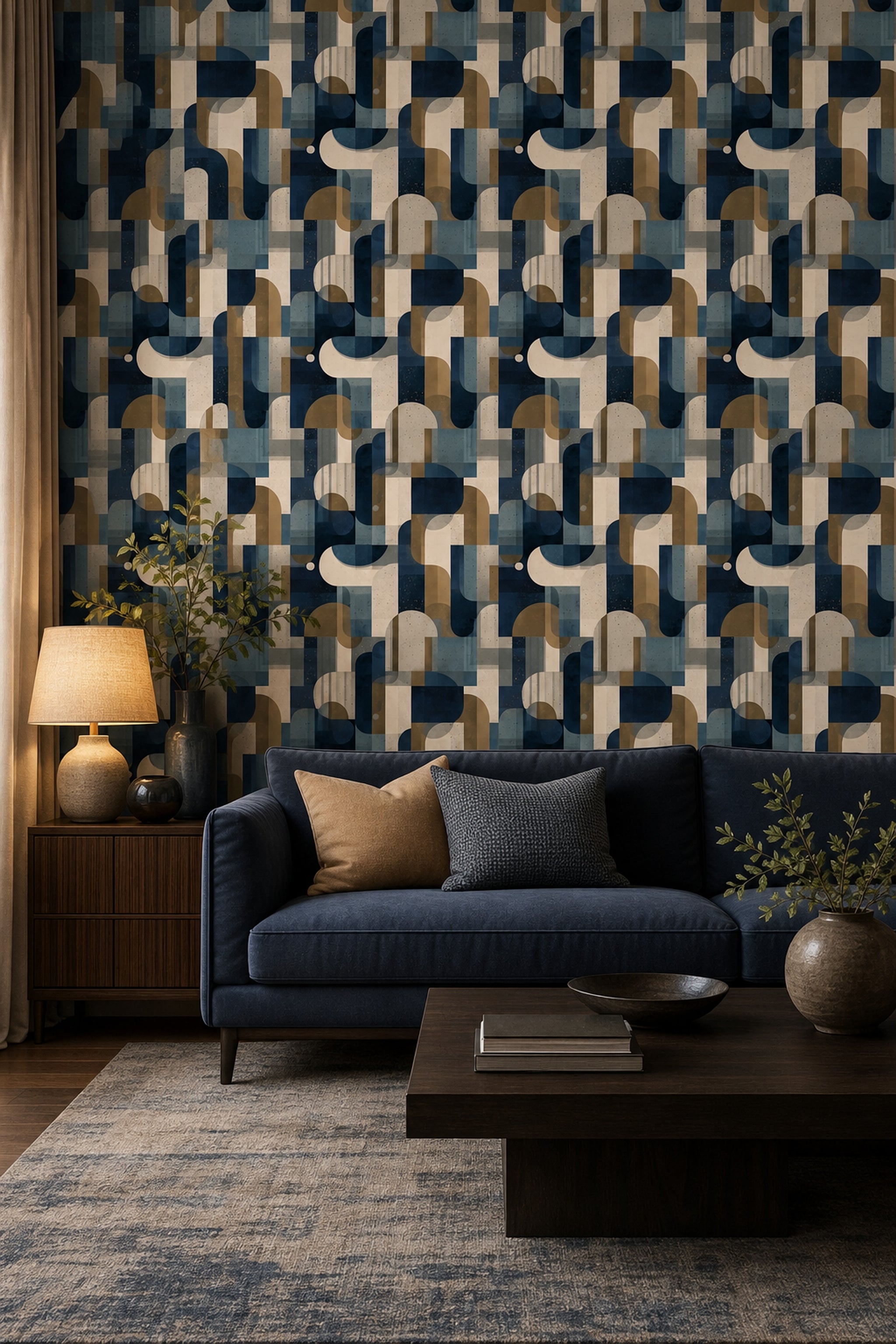Geometrik Retro Desenli Duvar Kağıdı Lacivert Bej Salon