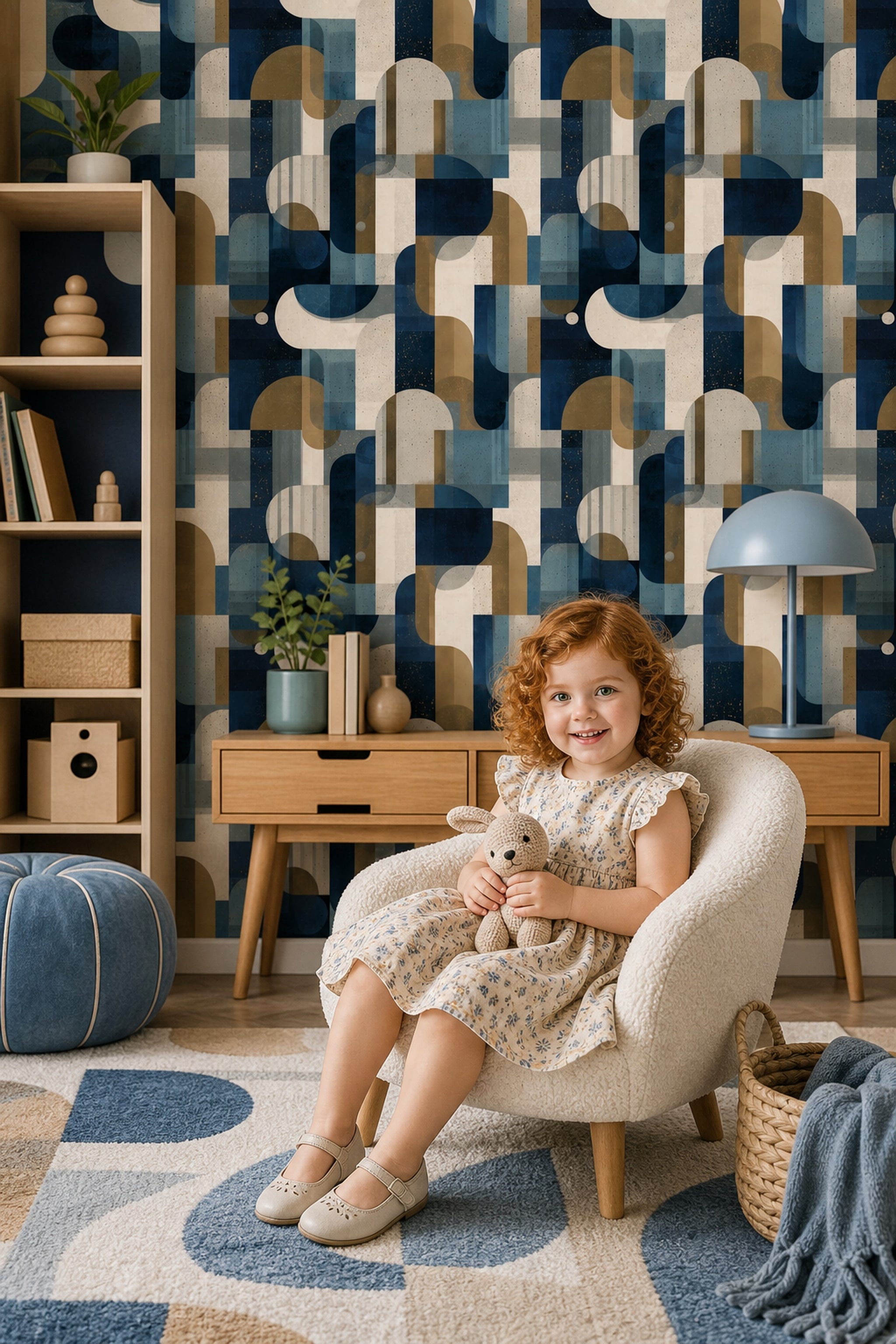 Geometrik Retro Desenli Duvar Kağıdı Lacivert Bej Salon