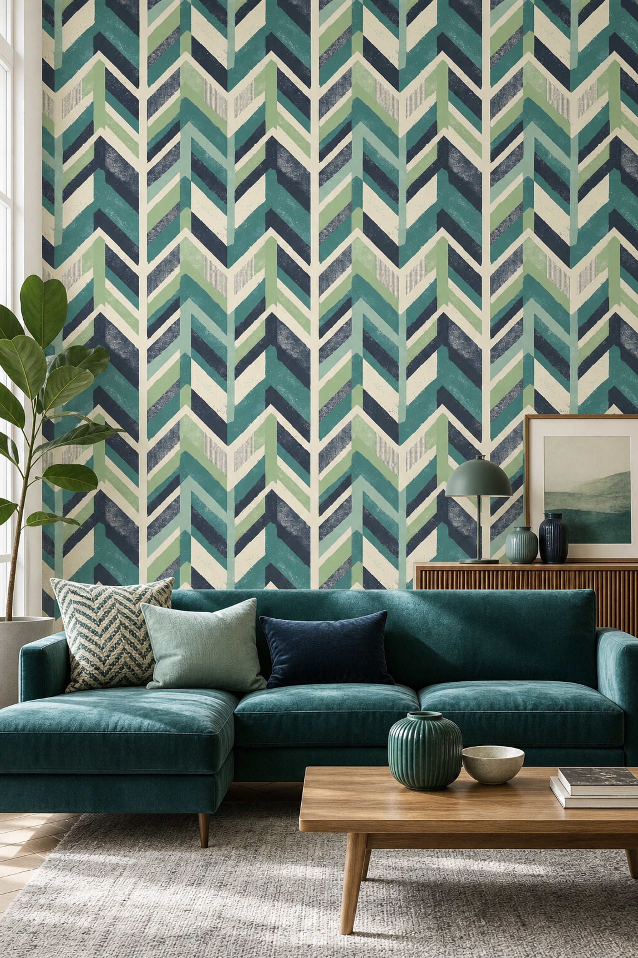Geometrik Zikzak Desenli Duvar Kağıdı Yeşil Lacivert Salon