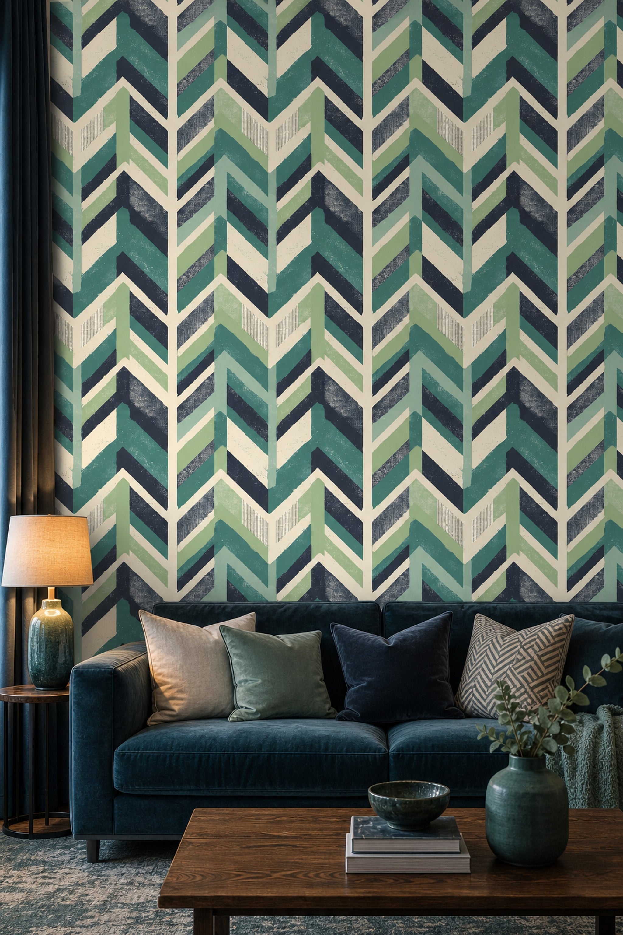 Geometrik Zikzak Desenli Duvar Kağıdı Yeşil Lacivert Salon