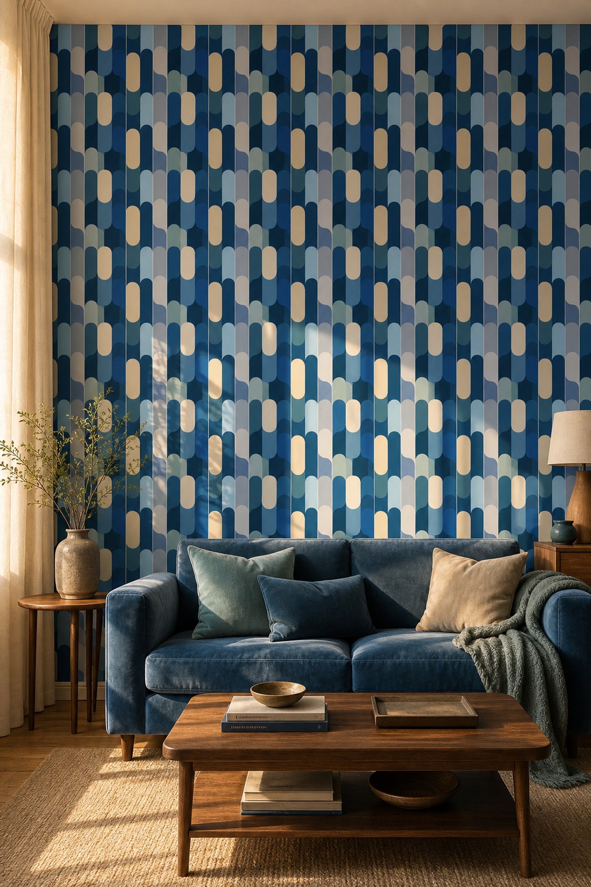 Geometrik Oval Desenli Duvar Kağıdı Lacivert Mavi Salon