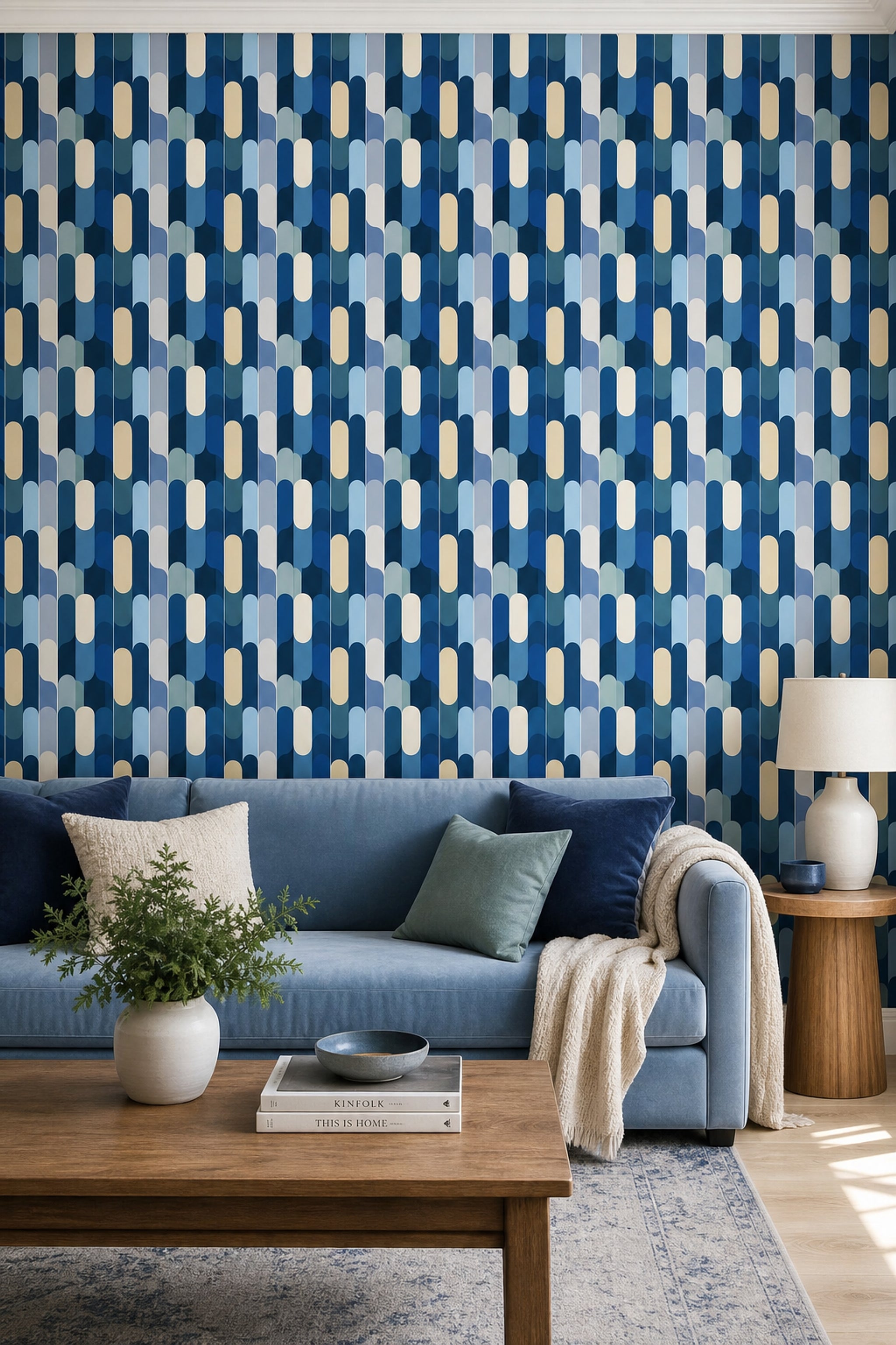 Geometrik Oval Desenli Duvar Kağıdı Lacivert Mavi Salon
